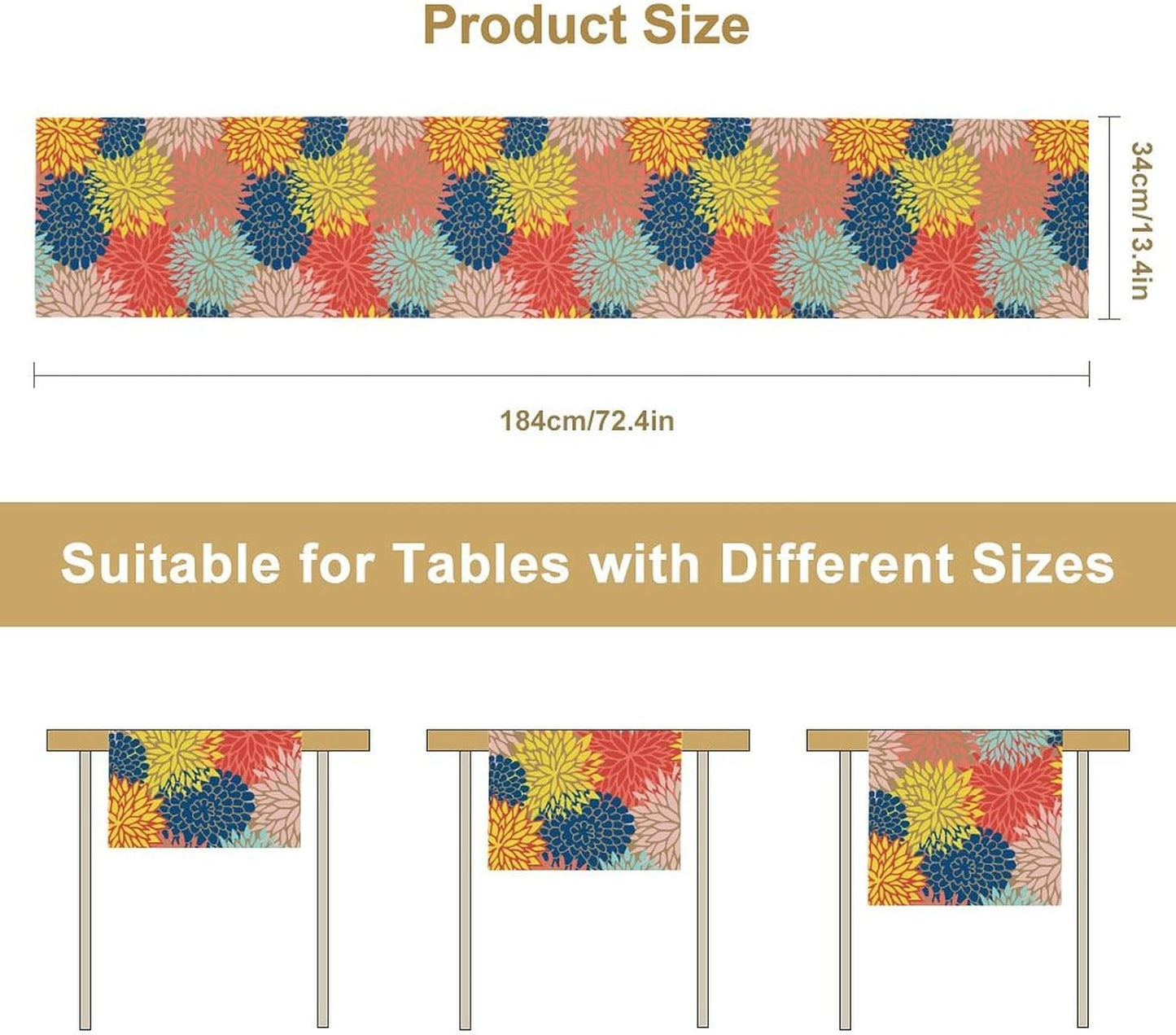 Dahlia Flowers Table Runner Colorful Floral Teal Grey Pink Yellow Blue Abstract Table Runner Kitchen Dining Party Decor Living Room, 13x36 Inch