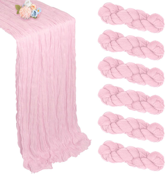 6 Pack Pink Table Runner 10ft Boho Gauze Fabric Cheesecloth Table Runner 35 x 120 Inch Rustic Sheer Runner for Romantic Wedding Centerpiece Decor Baby Shower Party Table Decoration