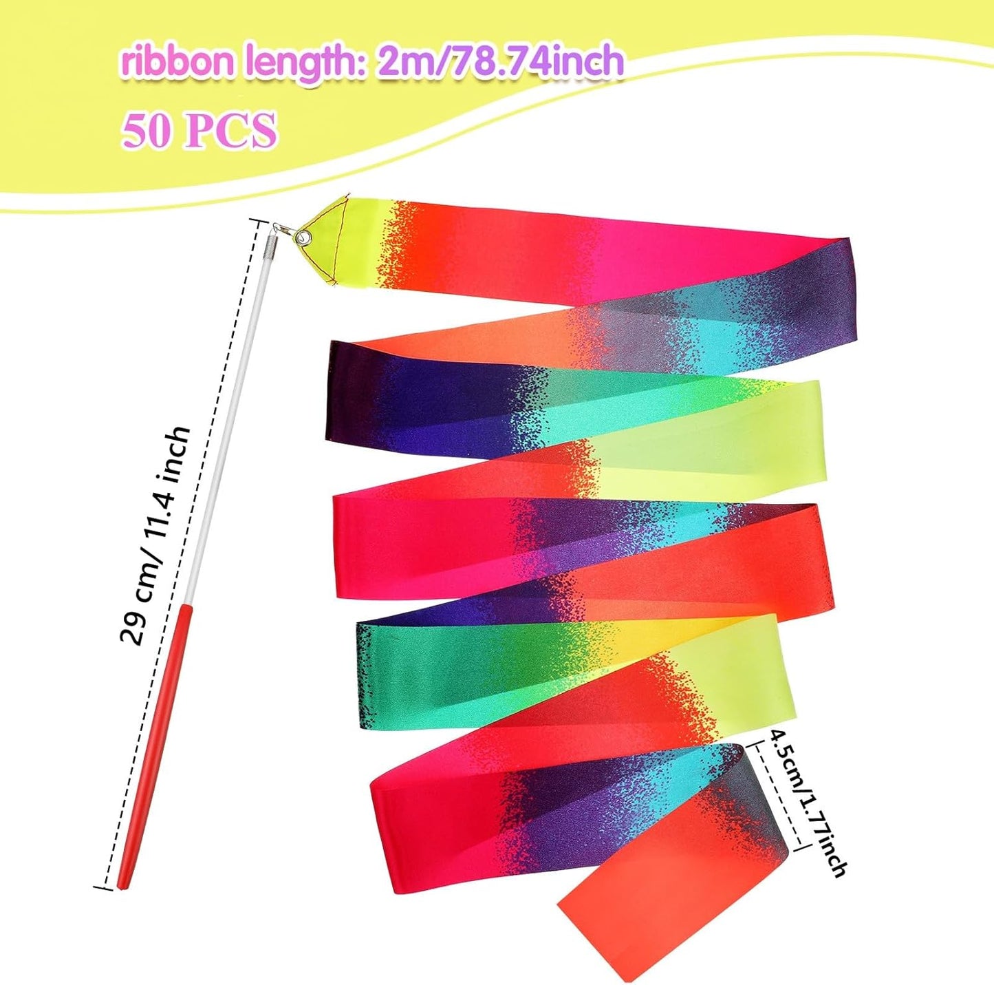 Yilloog 50 Pcs Ribbon Dancing Wands Party Favors, 78.7 Inch Artistic Gymnastics Ribbon Streamers Twirling Wands, Rainbow Birthday Decorations