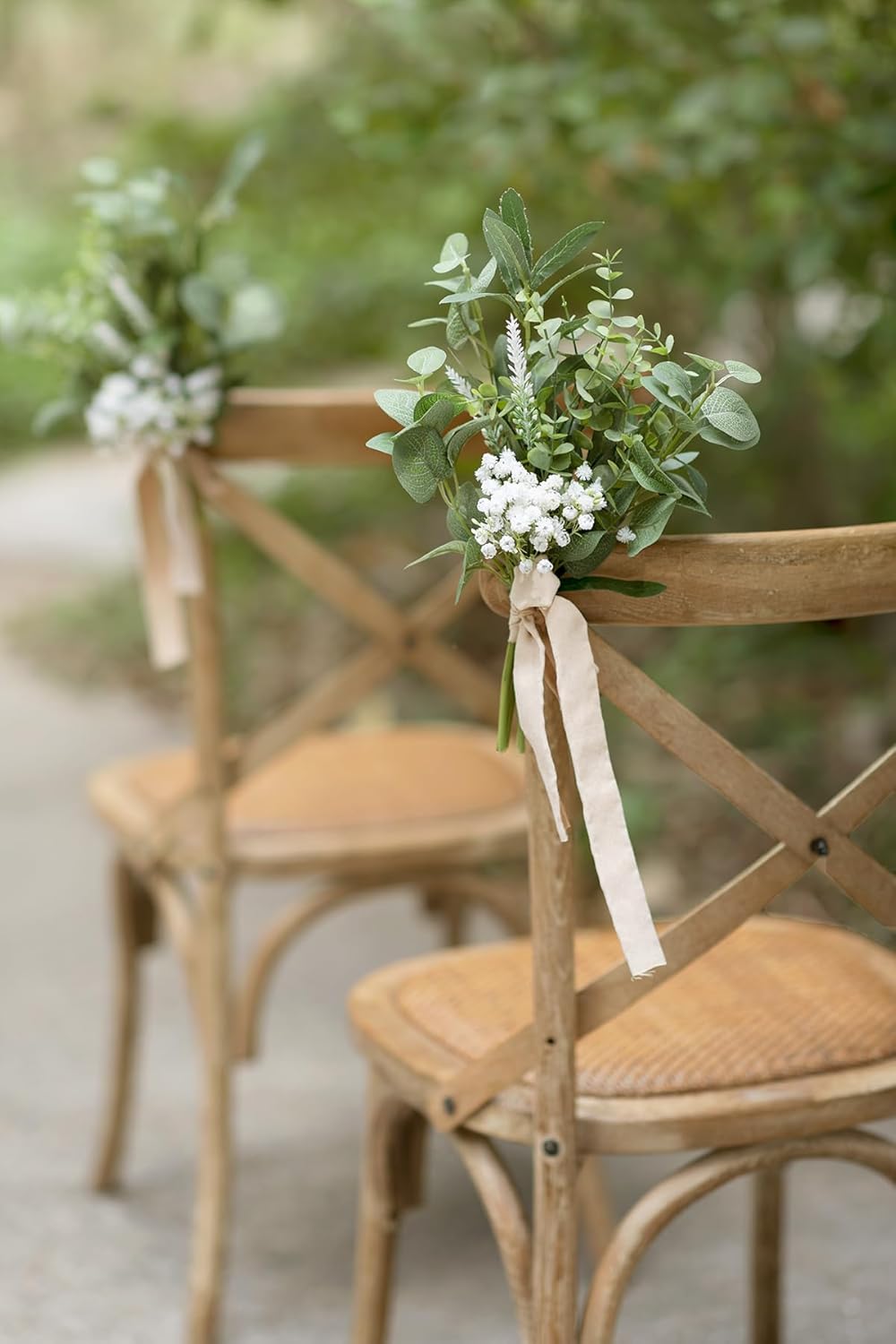 Ling's Moment 8 White Aisle Pew Artificial Flowers Arrangements Babysbreath for Wedding Ceremony Chair Back Floral Decorations with Chiffon Ribbons Sage Green Reception Church Rose Fake Party Outdoor