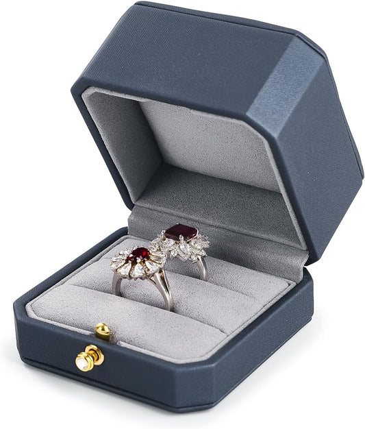 Oirlv Premium Leather Double Ring Box for Wedding Ceremony Engagement Couple Rings Holder Jewelry Gift Box(Blue,Double)