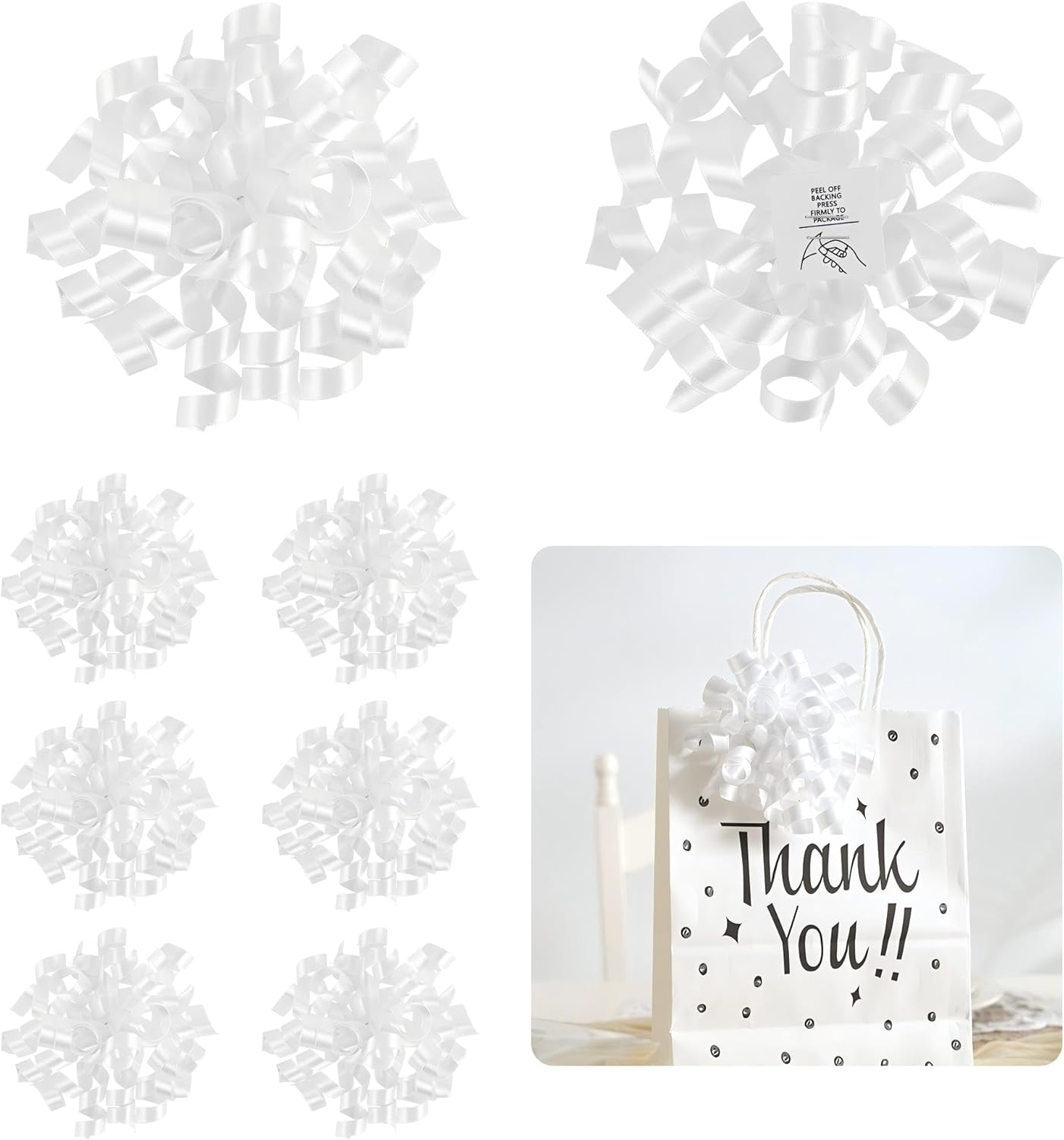 5 Inch White Gift Bow Curly Ribbon Bows Set of 8, Double Faced Satin Ribbon Bow Premade Self Adhesive Bow Decorations for Party, Wedding, Holiday, Gift Bows for Crafts, Wine Bottle, Presents