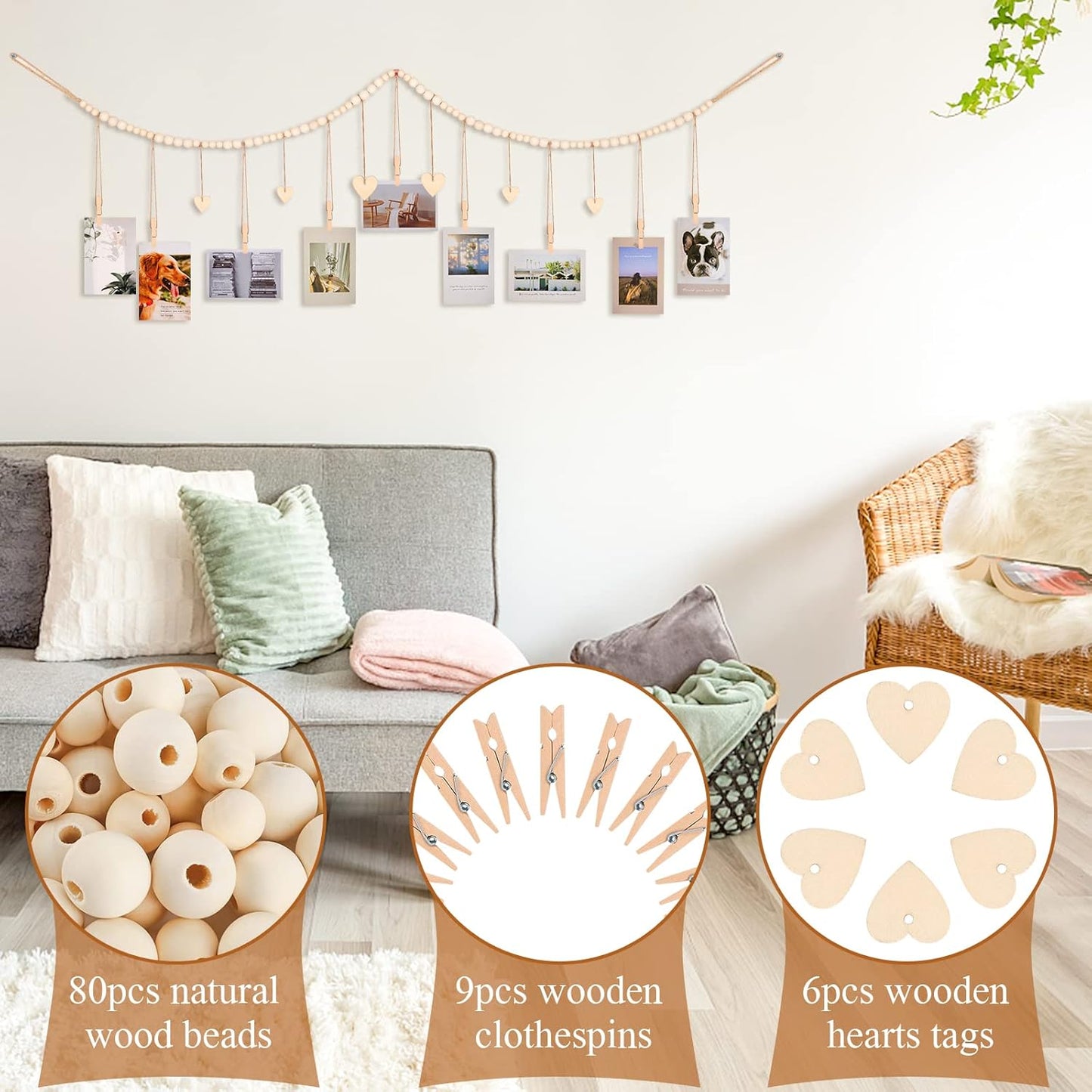 Hanging Photo Display with Clips, 9 Wood Clips, Boho Picture Frames Collage Wall Decor, Photo Hanger for Office Cubicle Decor, Kids Art Display (1)