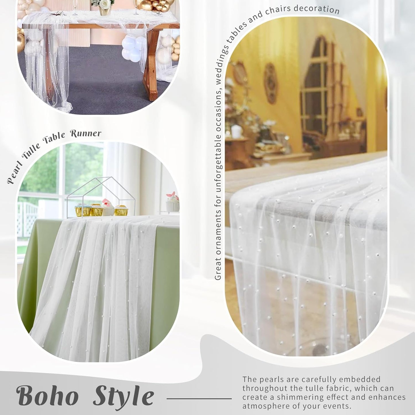 Pearl Table Runner 29 x 120 Inch Tulle Fabric Lace Table Runners Boho Rustic Tablecloth for Bridal Shower Birthday Party Wedding Arch Aisle Veil Dessert Table Decor(1 Pack, White)