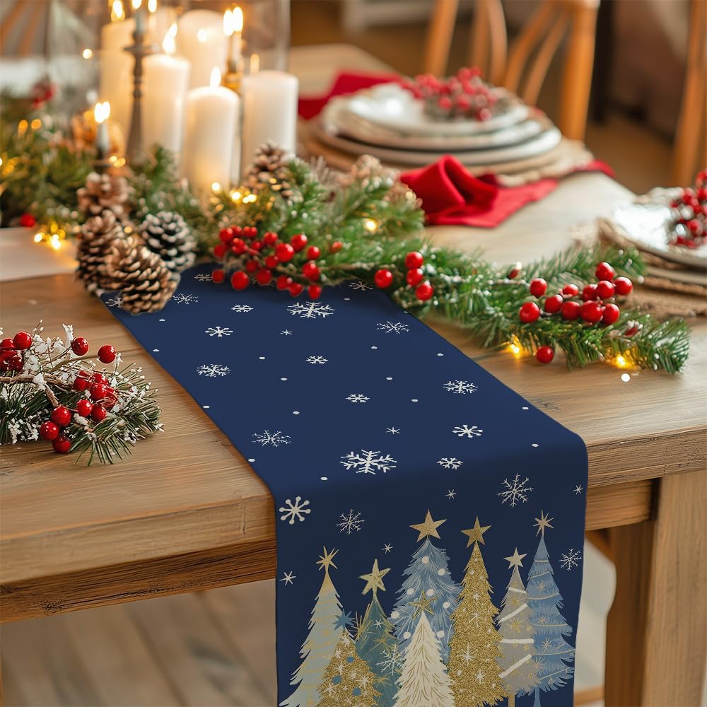 GEEORY Christmas Table Runner 13x48 Inch, Xmas Trees Snowflakes Holiday Decorative Farmhouse Table Decoration for Kitchen Dinning, Indoor Outdoor Dinner Party Decor (Blue) GT151-48
