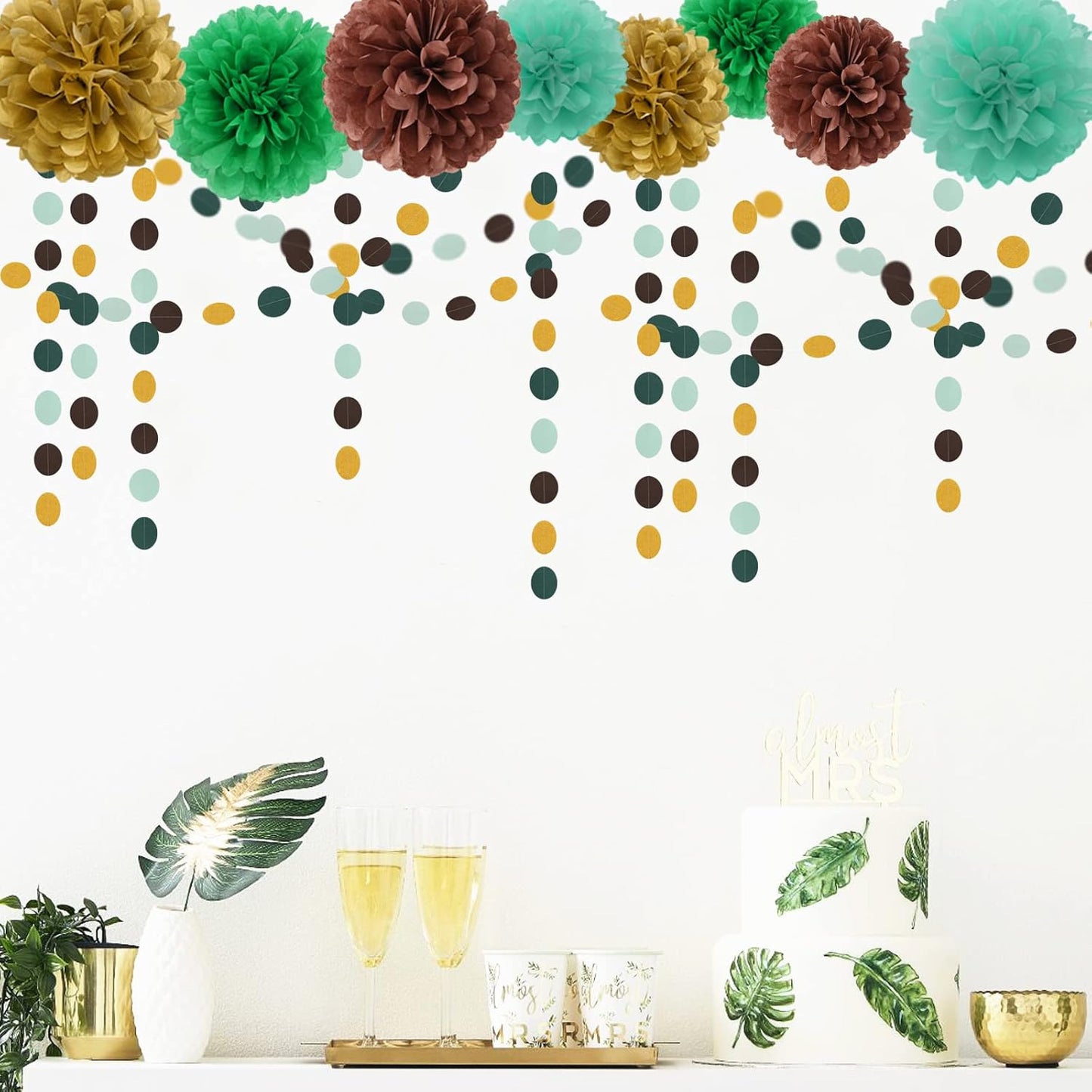 Sage-Green Gold Brown Party Decorations - 52FT Paper Streamers Gender Neutral Baby Shower Bridal Shower Garland Boho Birthday Rustic Decoration Woodland Theme Decor HongTongTong