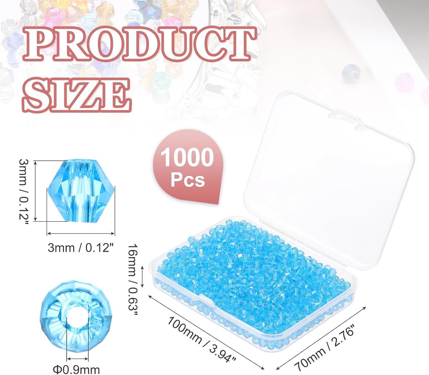 PATIKIL 1000pcs 3mm Bicone Glass Crystal Beads, Faceted Glass Spacer Beads with Box for Jewelry Making Bracelet Necklace Earrings DIY Suncatcher Craft, Sky Blue