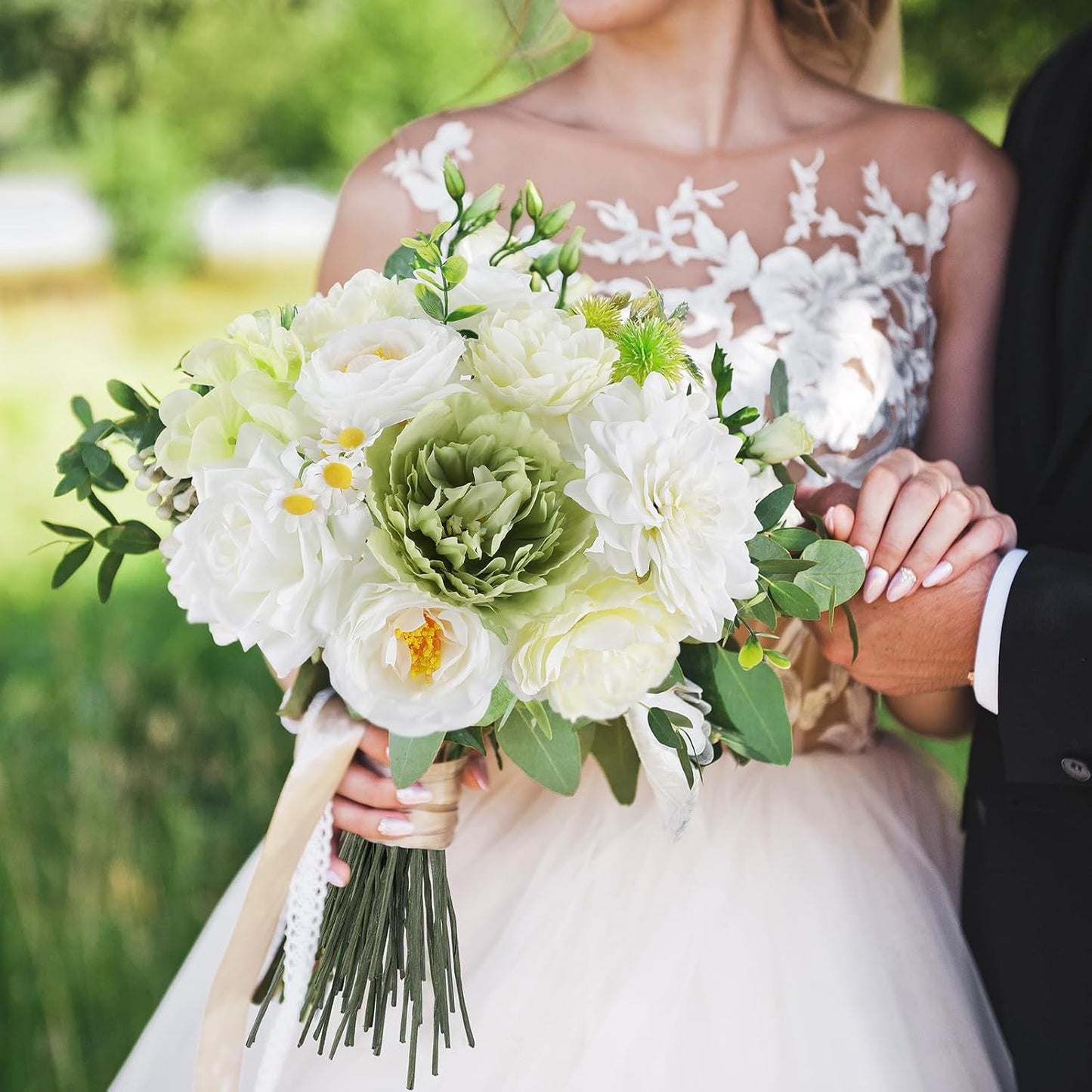 AmyHomie Green White Artificial Flowers Combo Silk Mix Peony Rose Fake Flowers w/Stem for DIY Wedding Bouquets Centerpieces Arrangements Table Fall Decor Party Bridal Baby Shower Home Decorations