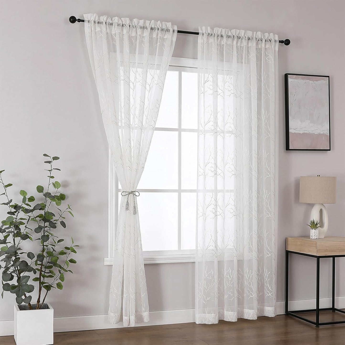 VISIONTEX Sheer Curtains 63 inch Length 2 Panels Set, Decorative Beige Coral Embroidery, Rod Pocket Embroidered Window Drapes for Living Room and Bedroom, 54" x 63"