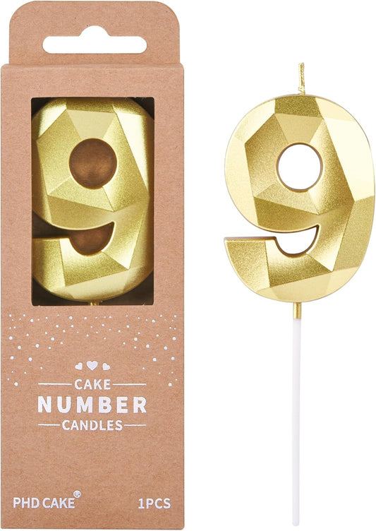 PHD CAKE 2.76 Inch Crystal Gold 9 Number Birthday Candles, Gold Cake Candles for Party Celebration
