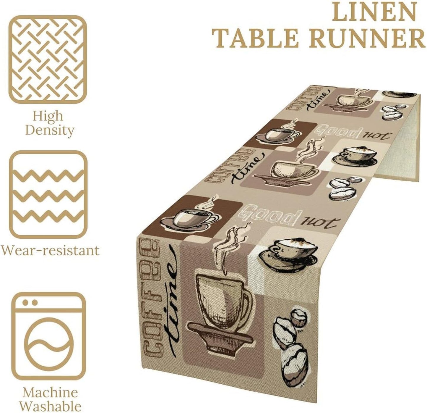 Coffee Table Runner,Vintage Style Coffee Cup Bean Abstract Theme Pattern Print Tablecloth Burlap for Hotel Indoors Outdoor Dining Room Kitchen Table Decor, 13x36in