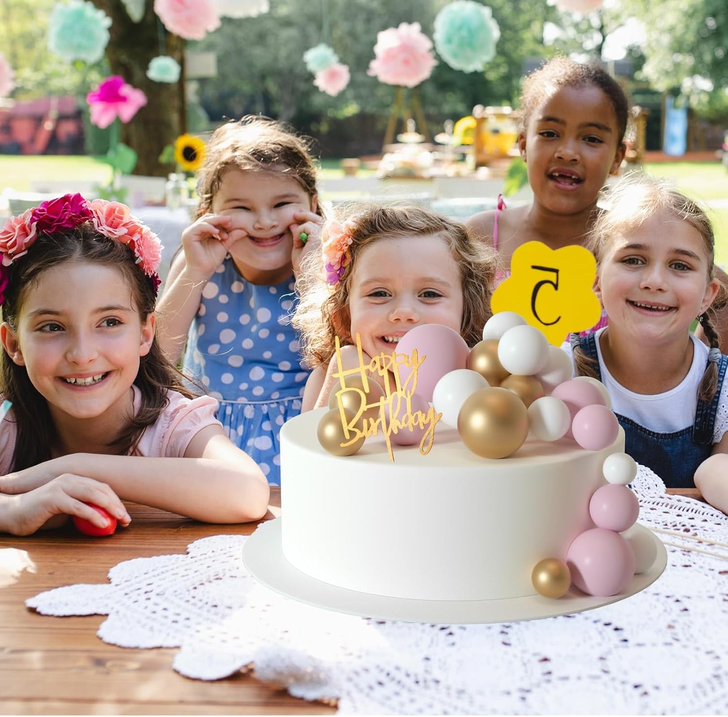 MIAHART Ball Cake Toppers Boho Grass Cake Topper Ball Cake Insert Decoration for Birthday Wedding Baby Shower Party Decorations Boho Themed Party Supplies (white，gold，pink)