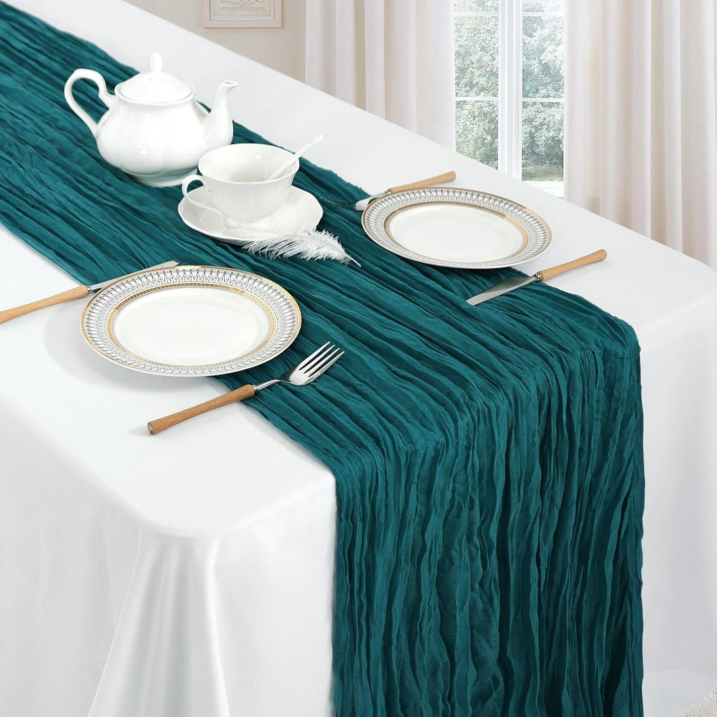 6 Pack Teal Cheesecloth Table Runner 10ft Boho Gauze Fabric Cheese Cloth Table Runner 35 x 120 Inch Rustic Sheer Runner for Romantic Wedding Decor Baby Shower Party Table Centerpiece Decoration