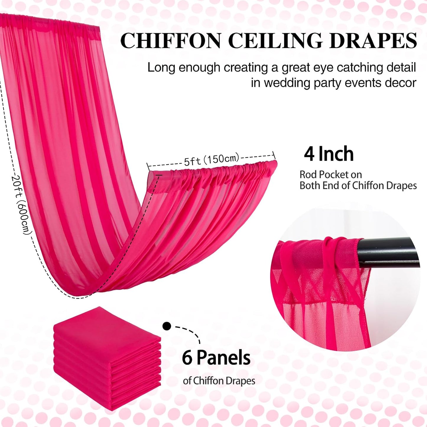 DUOBAO Elegant 20ft Hot Pink Chiffon Wedding Curtains - 6 Panels Sheer Drapes for Stage, Tent, and Photo Backdrops
