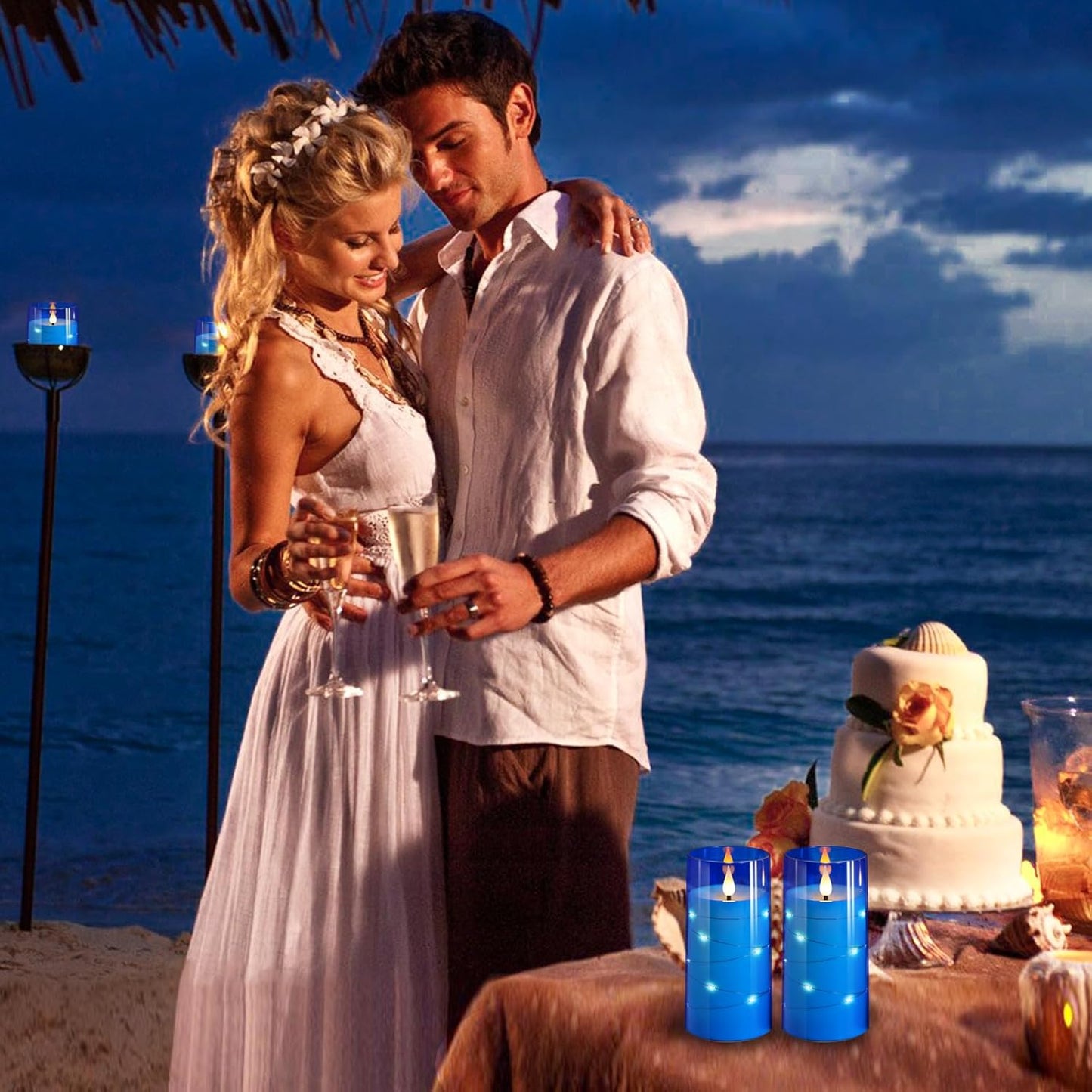 NURADA 3"x6"Flickering Flameless Candles: Built-in Star String 3D Wick Battery Operated LED Candles with Remote and Timer for Wedding Valentine's Day Decor, Blue 2 Pack