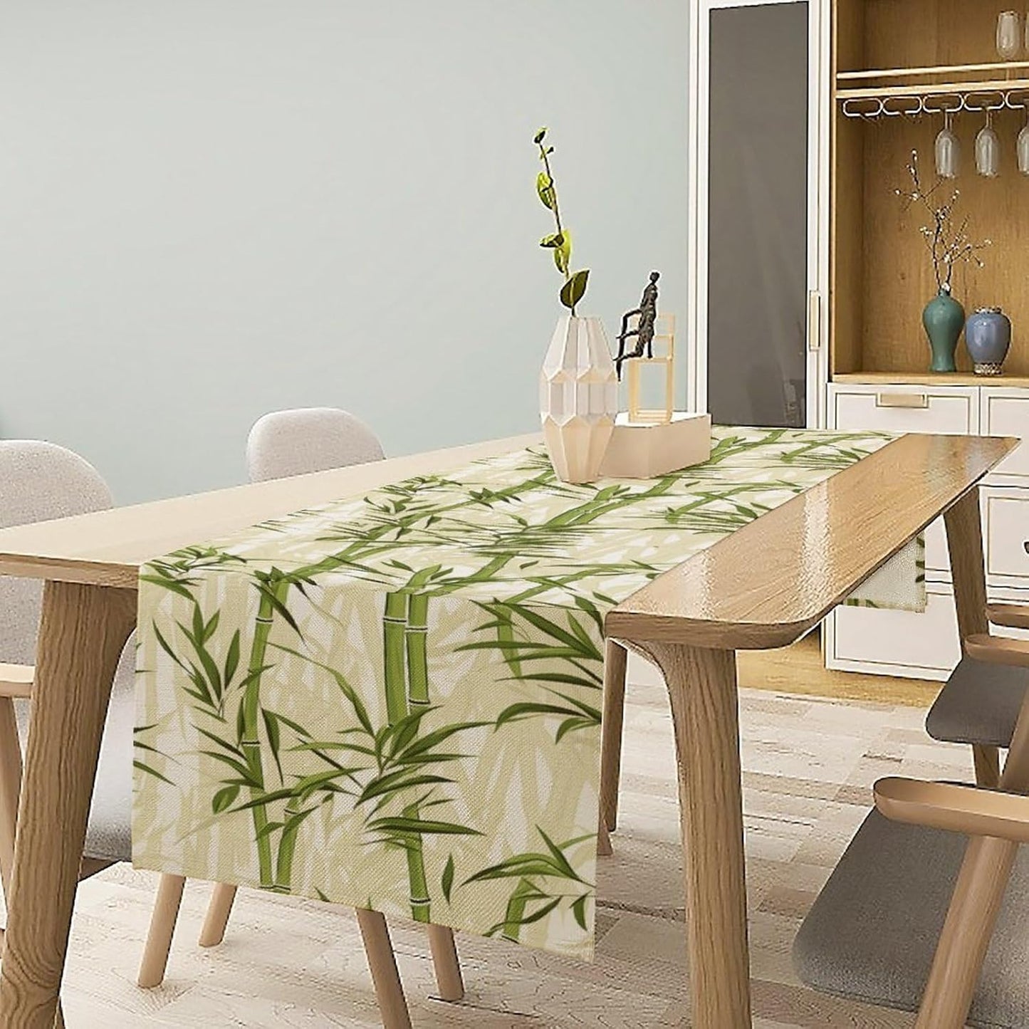 Bamboo Table Runner,Green Plant Leaf Pattern Table Cloth Kitchen Dining Table Home Party Decoration 13x72 Inch