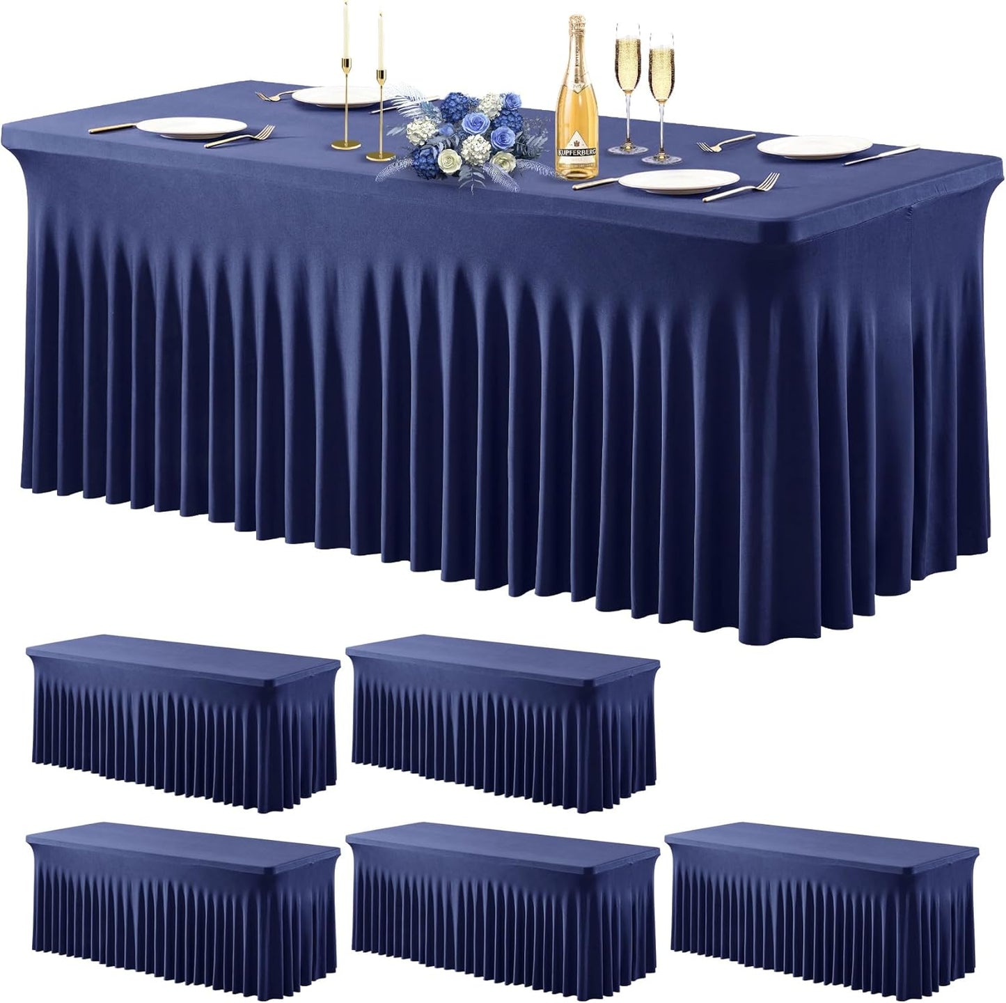 Wish Care 6 Pack Navy Blue Spandex Table Clothes for 8 Foot Rectangle Tables, 8FT Wrinkle Free Fitted Tablecloths Ruffles Design Table Cover for Party, Banquet, Wedding and Events