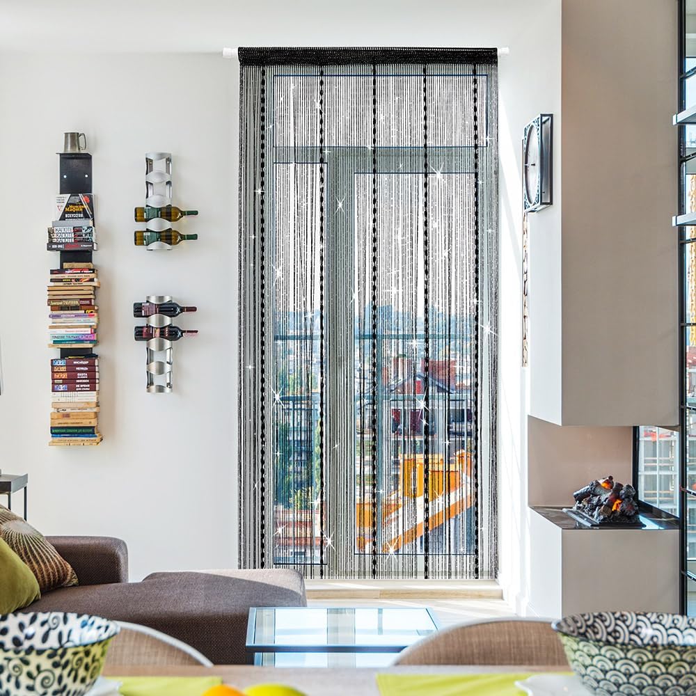 Hysenm Door String Curtains 39x79 Inch Black Panel Soft Balls Romantic Glitter Fringe Room Divider Home Décor Wedding Girls Bedroom Window Living Room Backdrop Party Doorways Closet