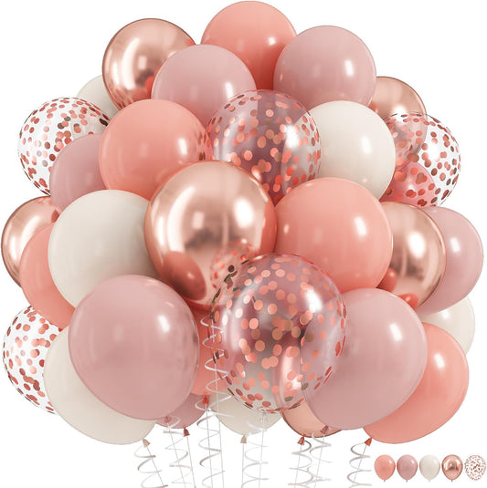 Dusty Pink Balloon Set, 60Pcs 12 Inch Retro Blush Pink White Sand Nude Latex Balloon with Metallic Confetti Rose Pink Helium Balloon for Girls Women Birthday Party Baby Shower Boho Decoration Supplies