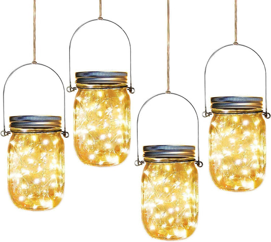 Solar Mason Jar Lights,4 Pack 30 Led Starry Fairy String Hanging Jar Lights,Solar Lanterns for Outdoor Patio Party Garden Wedding Halloween Christmas Projector Decor Light(Mason Jars/Handles Included)
