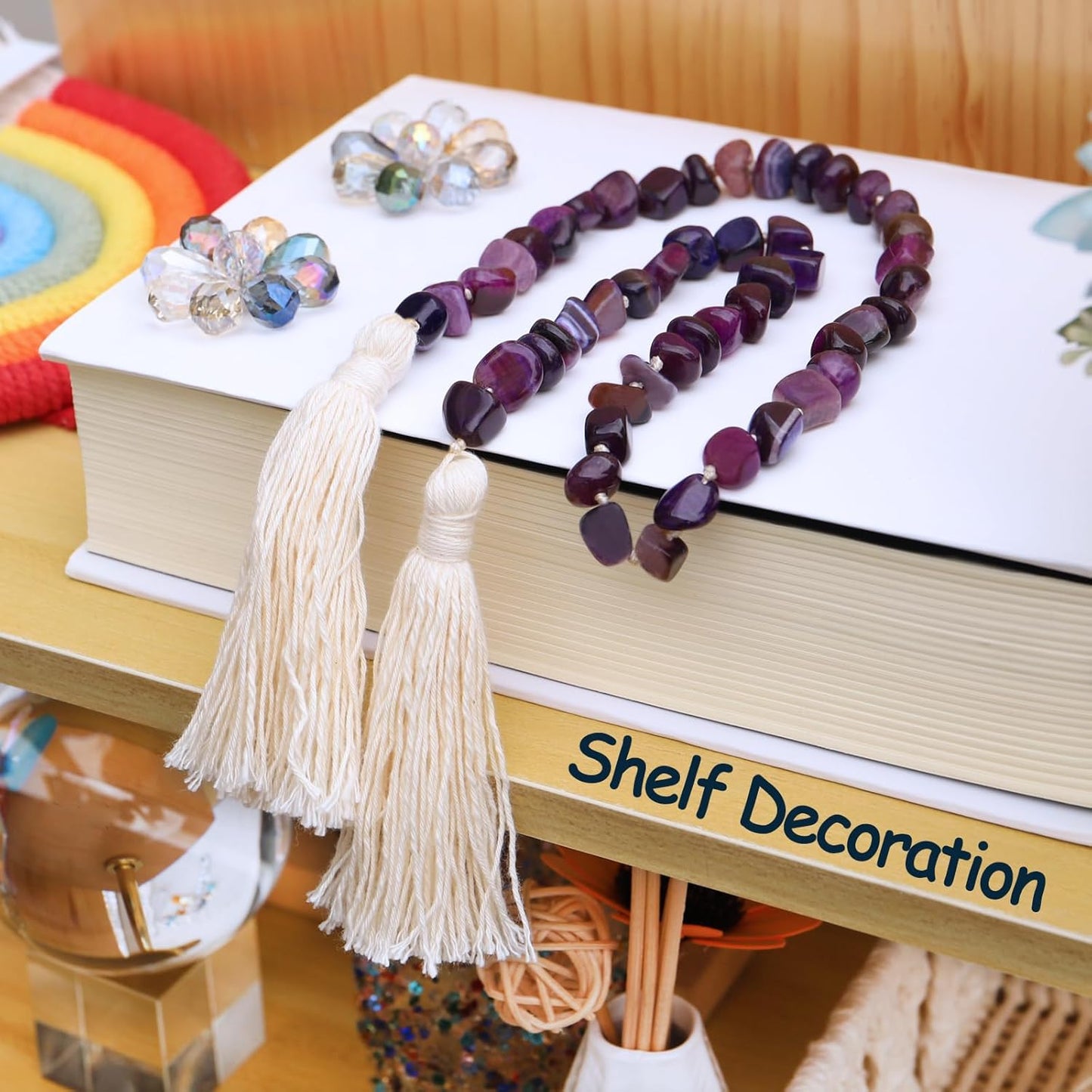 Agate Stone Hand Knotted Garland Modern Farmhouse Rustic Table Home Decor, 30inch Meditation Accessories with Tassel, Prayer Healing Beads Boho Wall Shelf Hanging Decoration (Deep Purple)