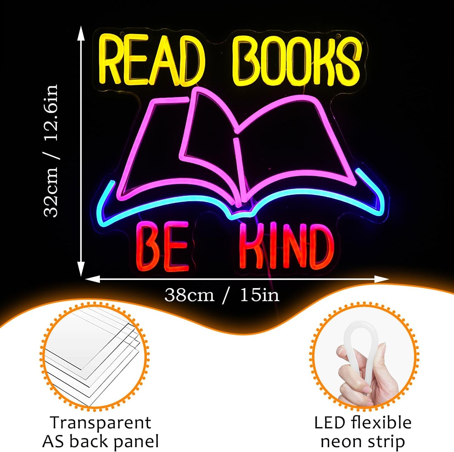 Read Books Be Kind Neon Sign Dimmable USB Powered Read Books Neon Light for Wall Decor Be Kind Led Light Sign Bright Books Light Up Sign for Classroom Reading Room Bookstore Library