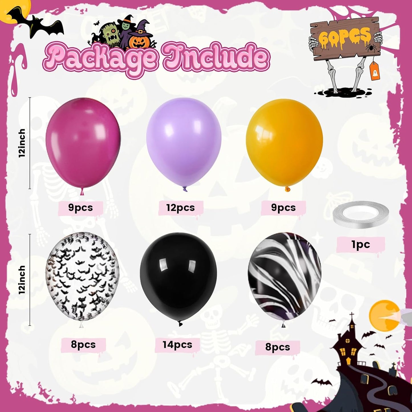 Halloween Balloons, 60pcs Purple Black Balloons, Purple Yellow Black Tie Dye Balloon With Bat Confetti Balloon For Retro Halloween Masquerade Spooky Haunted House Vampire themed Birthday Party Decor