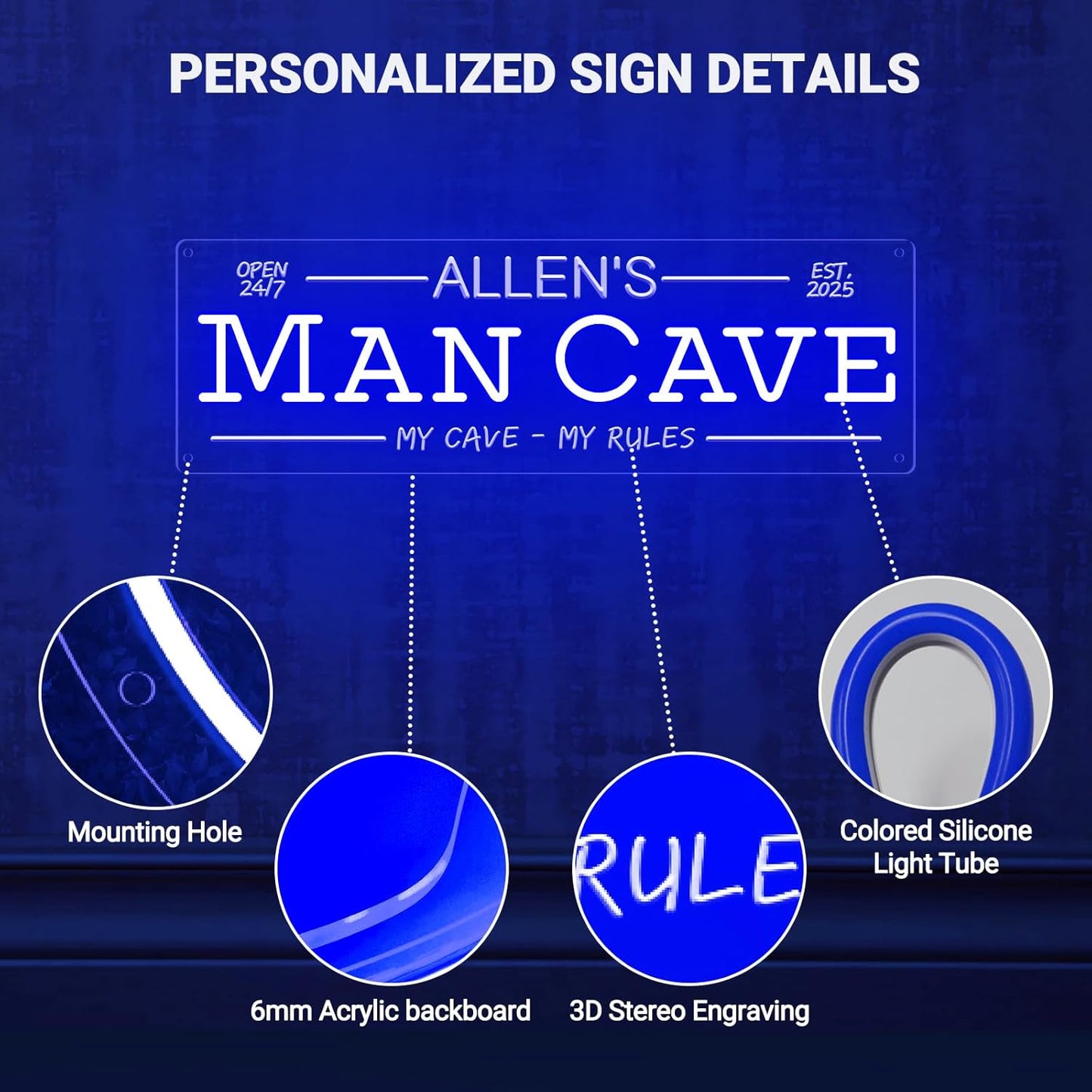 Custom Man Cave Neon Sign for Wall Decor, Personalized LED Neon Home Bar Name Signs, Dimmable Customizable Light Up Signs for Man Cave Lounge Basement Bar Tavern Bistro Business, Men Dad Gifts