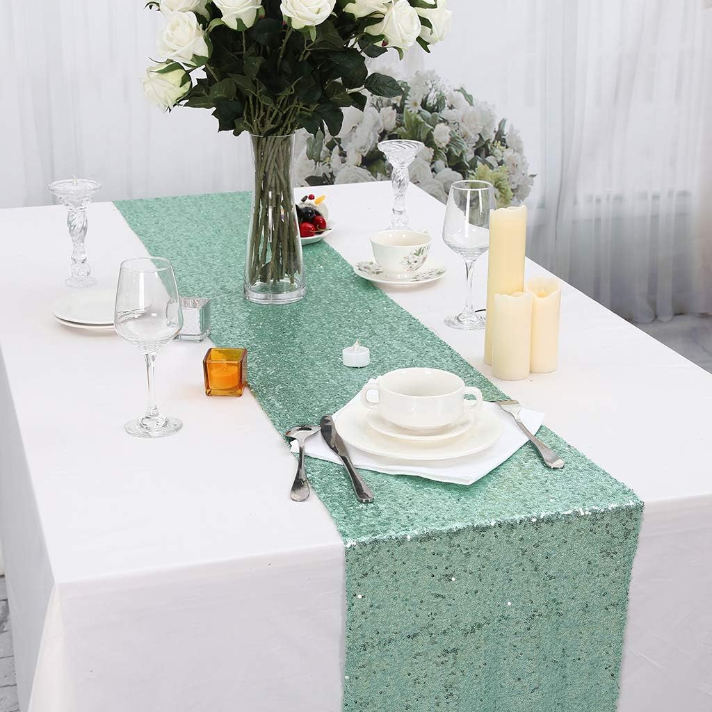 Eternal Beauty Mint Green Table Runner for Wedding, 2PCS-12x108 Sequin Table Runner Decorations for Birthday Parties, Banquets, Graduations,Christmas