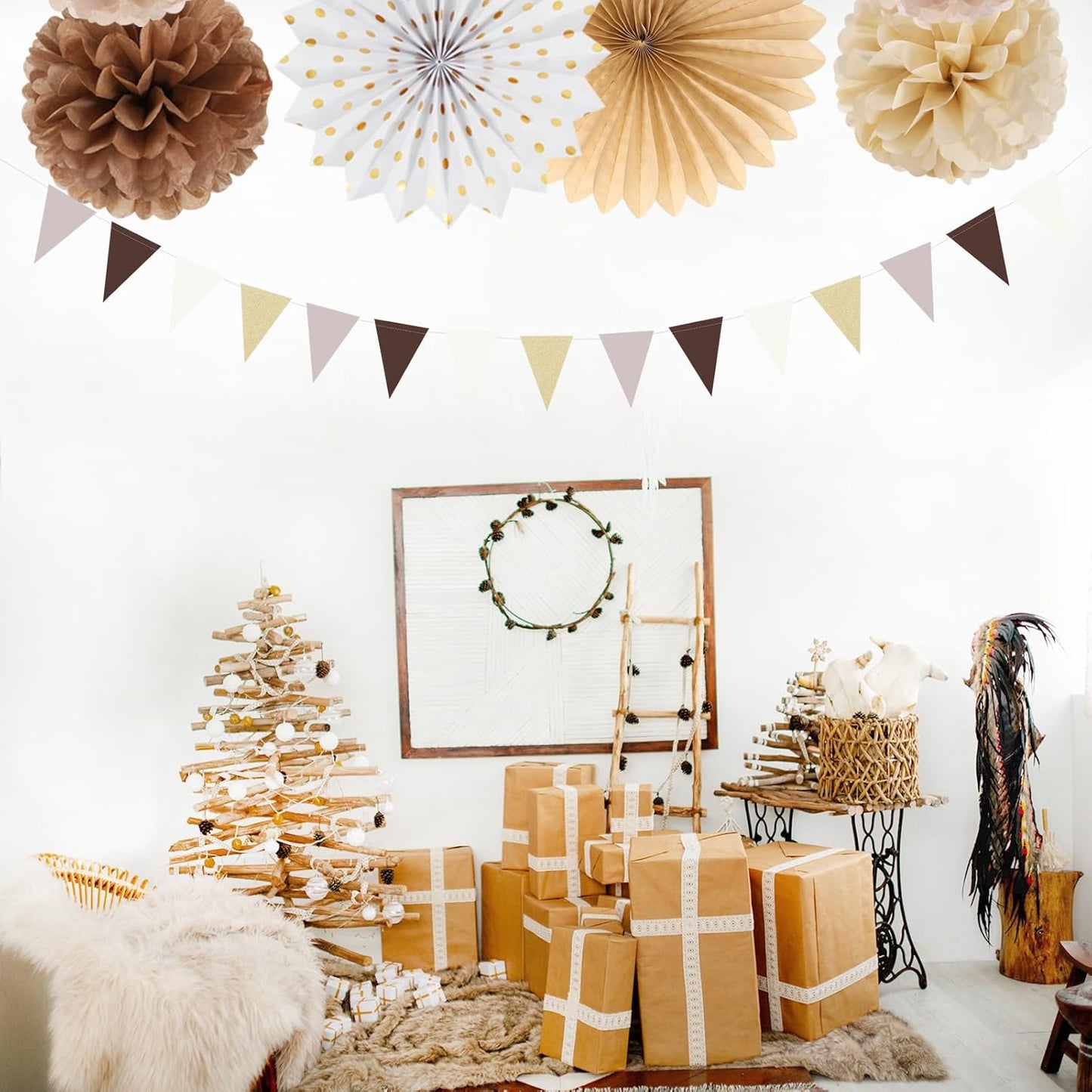 Boho Baby-Shower White-Brown Champagne Party-Decorations - 20pcs Neutral Rustic Paper Lanterns Fans,Tissue Pom Poms,Honeycomb Balls,Bunting,Birthday Wedding Bridal Christmas Fall Autumn Decor Burgleda
