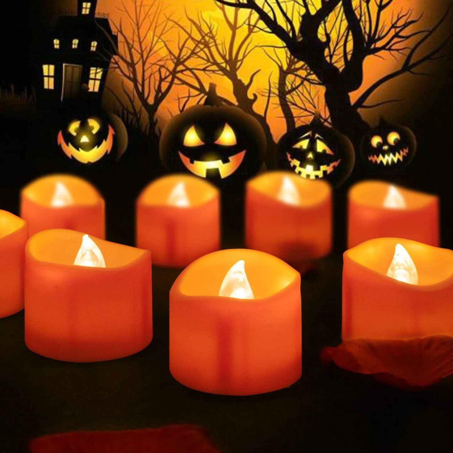 BEICHI 24 Pack Halloween Tea Lights, Realistic Orange Tea Candles, Battery Operated Flameless Tealights for Halloween, Fall Decorations