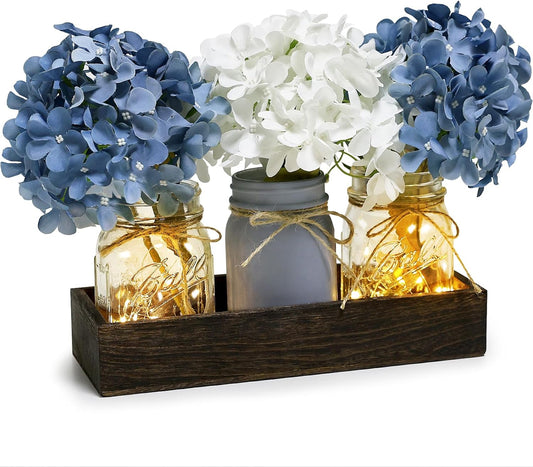 Mason Jar Lights Centerpiece Table Decor for Dining Room Farmhouse Coffee Table Decor with Wood Tray Fairy Lights Fake Hydrangea Flowers for Kitchen Living Dining Room - Blue White