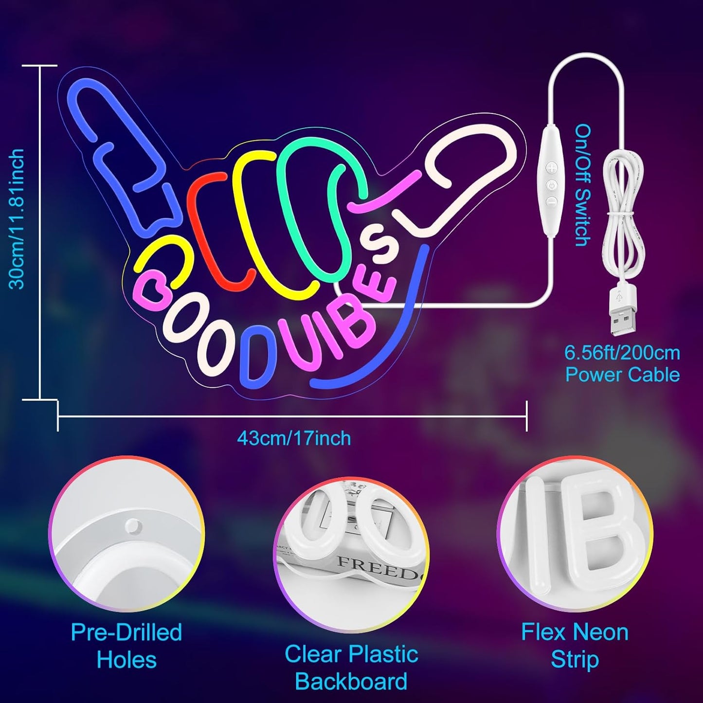 Good Vibes Only Neon Sign for Wall Decor, Niubility Good Vibes Neon Sign, Colorful Light-Up LED Sign, Dimmable USB-Powered Sign with ON/OFF Switch for Bedroom, Nursery, Club, Bar, and Party Decor