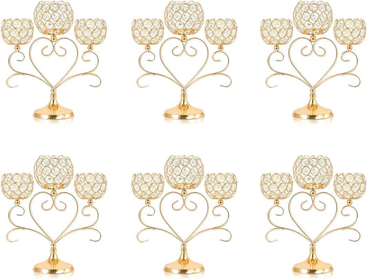6 Pcs Gold 3-Arm Heart Tea Light Candle Holder - Crystal & Metal Wedding Centerpiece Decor, Sparkling Table Decor for Anniversaries/Romantic Tabletop Home/Dinner Party/Events