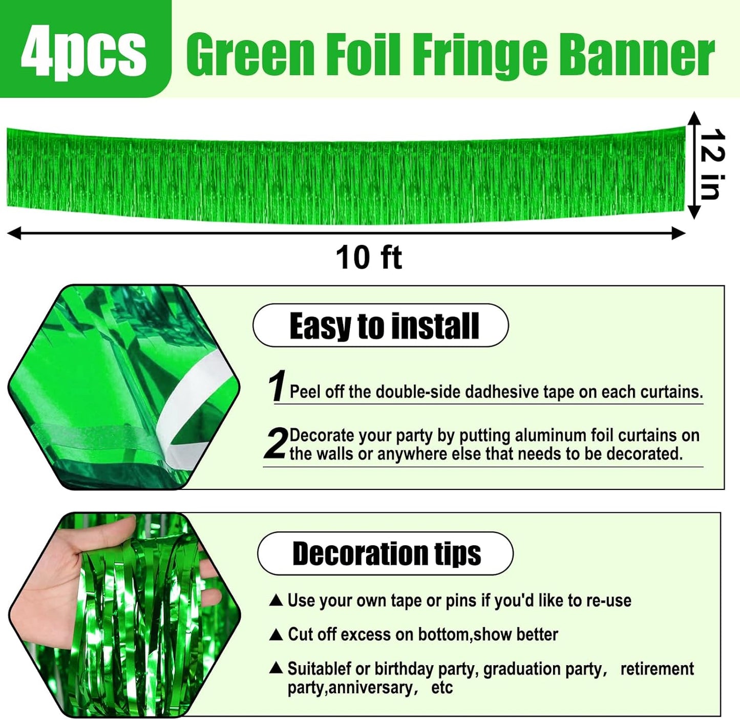 4 Pack 10 Feet Green Foil Fringe Garland Metallic Tinsel Streamers Banner Wall Hanging Curtain Backdrop for Parade Floats, Wedding, Graduate, Mother's Day, Birthday Party Decoration