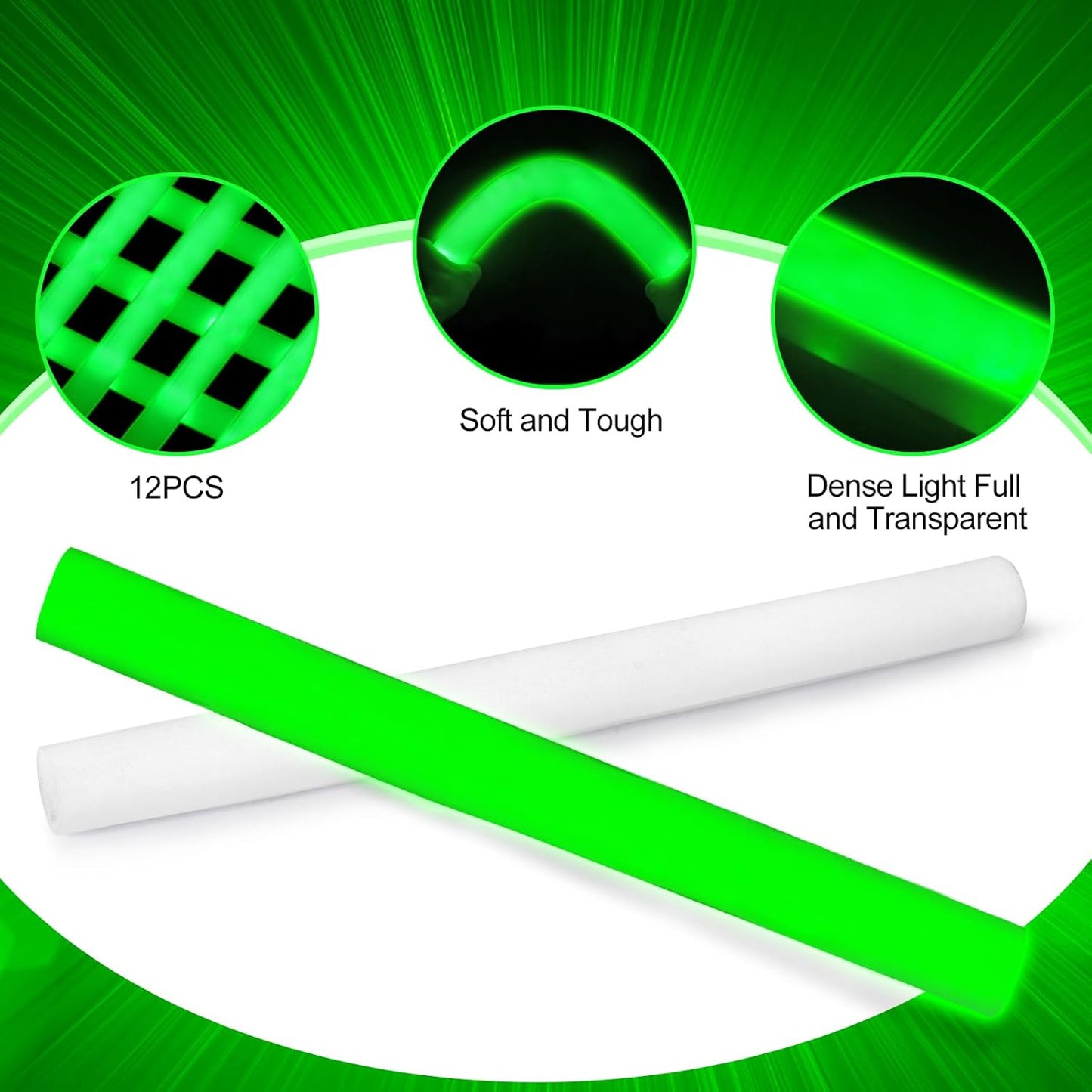 Glow Foam Sticks Bulk, 24 Pcs Green Giant LED Light Up Sticks Flashing Glowing Baton Wands Party Supplies for Wedding, Raves,Concert,Birthday,Christmas, Halloween,Sporting Events