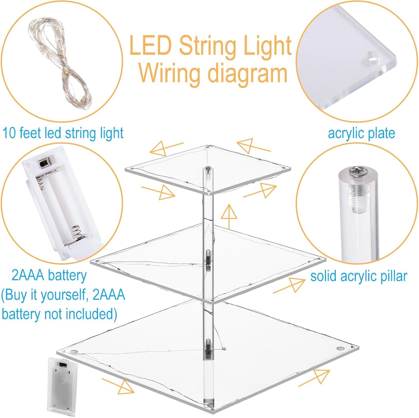 3 Tier Cupcake Stand Cupcake Holder, Acrylic Cupcake Tower with LED Yellow Light for 24 Cupcakes, Dessert Table Display Set for Birthday, Bar, Decor Weddings, Parties Events