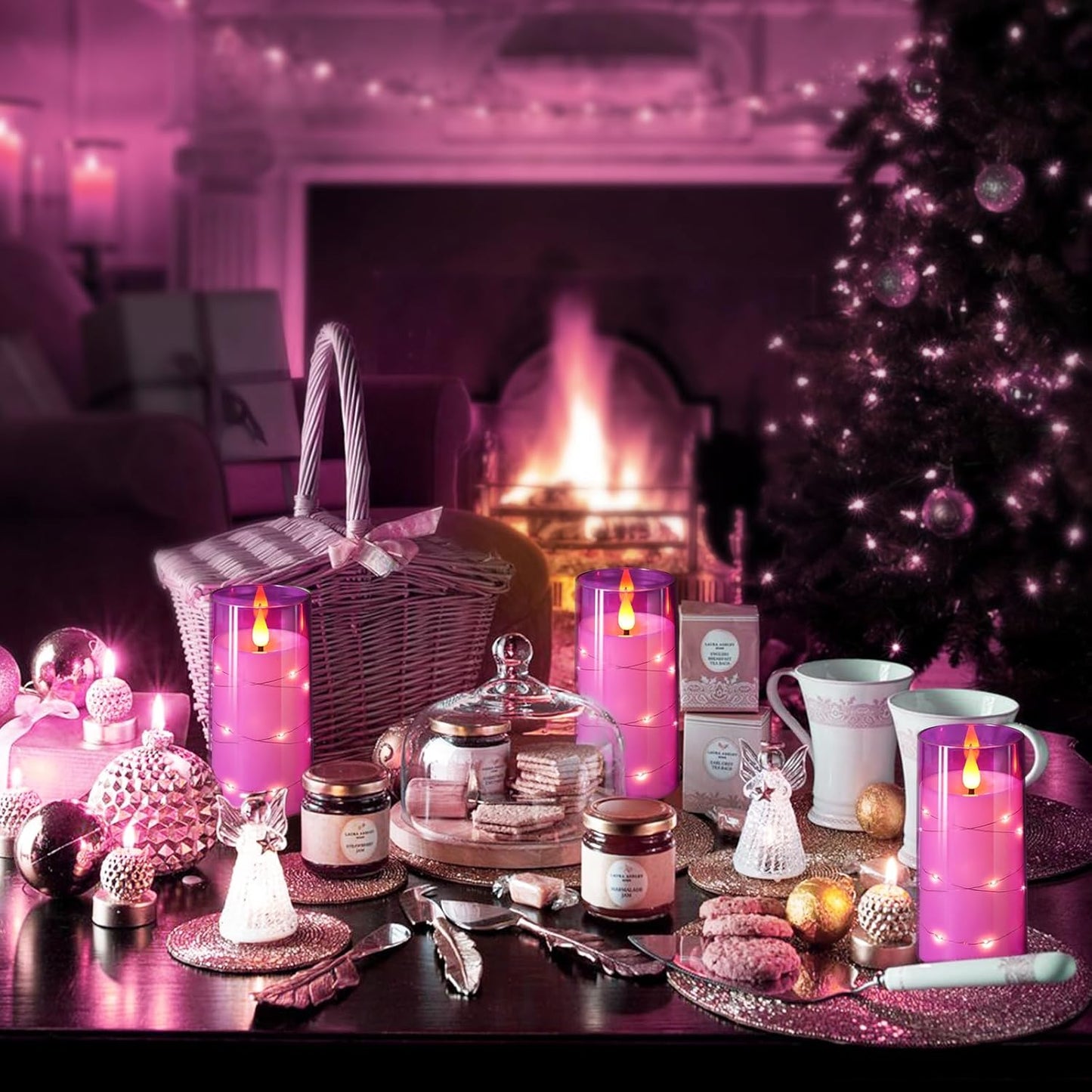 NURADA 3"x6"Flickering Flameless Candles: Built-in Star String Lights 3D Wick Battery Operated LED Pillar Candles with Remote and Timer for Table Wedding Centerpieces Party - 2 Pack Purple