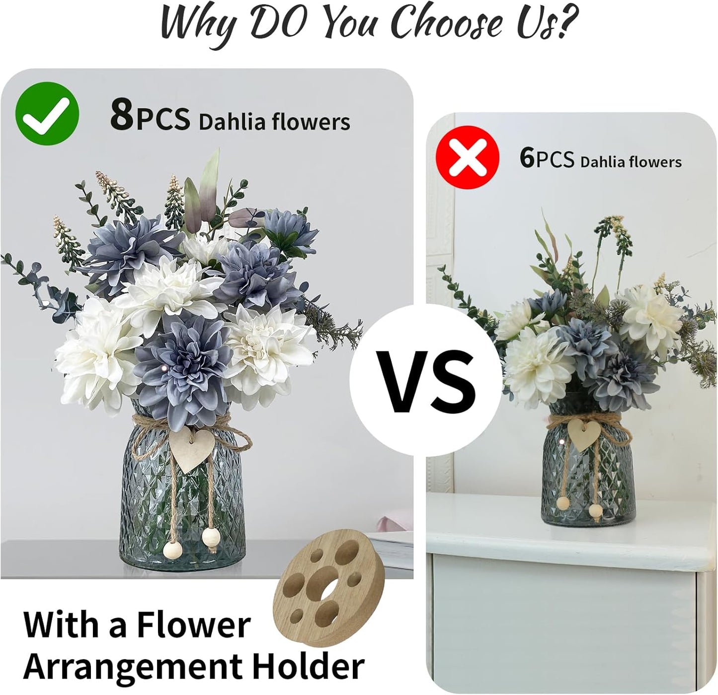 Fake Flowers in Vase,8 Dahlias,Silk Artificial Flowers in Vase,Centerpiece Table Decorations,Faux Flowers in Vase with a Flower Arrangement Holder