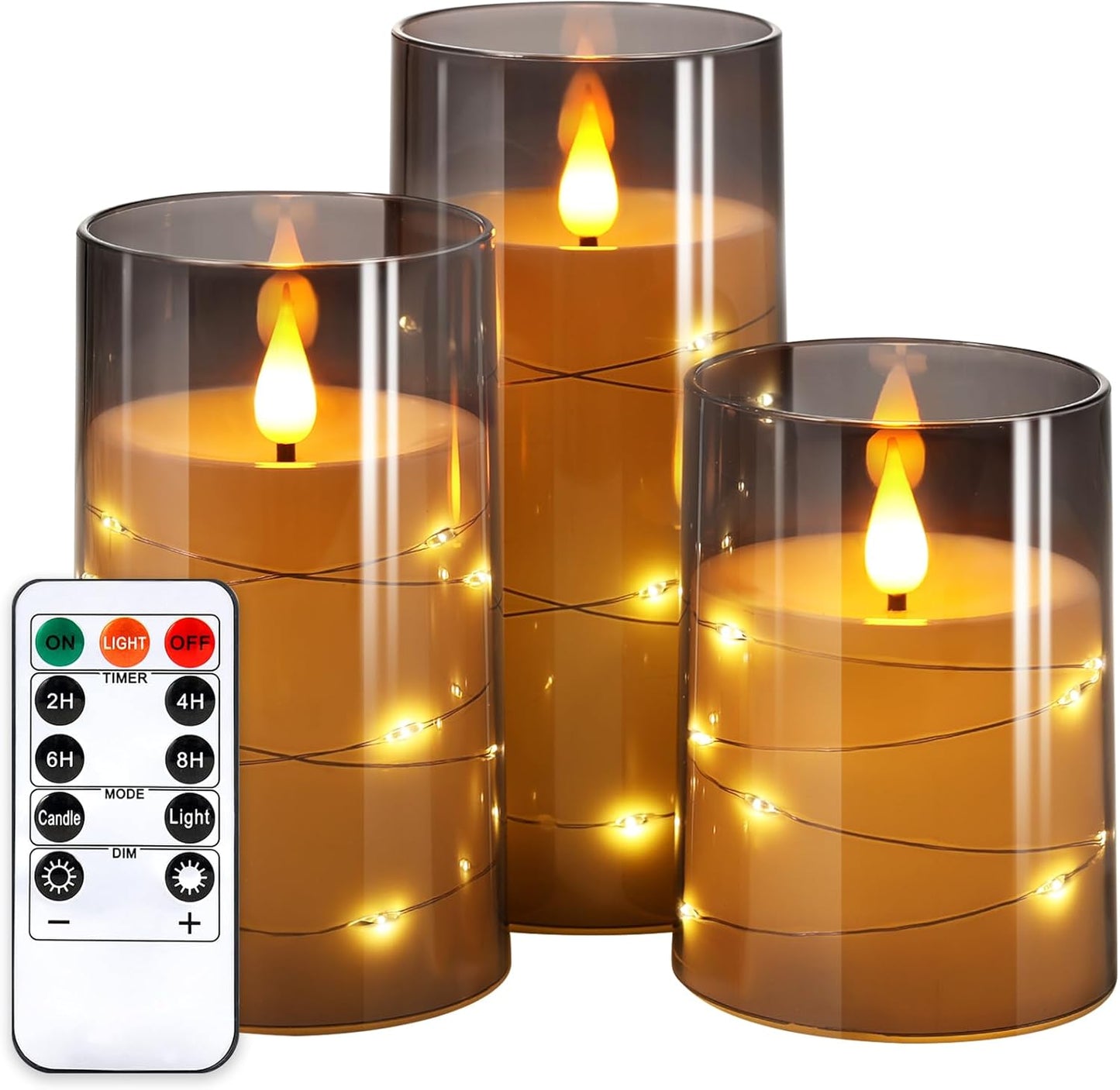 NURADA Flickering Flameless Candles: Built-in Star String Lights 3D Wick Acrylic Battery Operated LED Pillar Candles with Remote and Timer for Fall Halloween Christmas Home Decoration - 3 Pack Gray