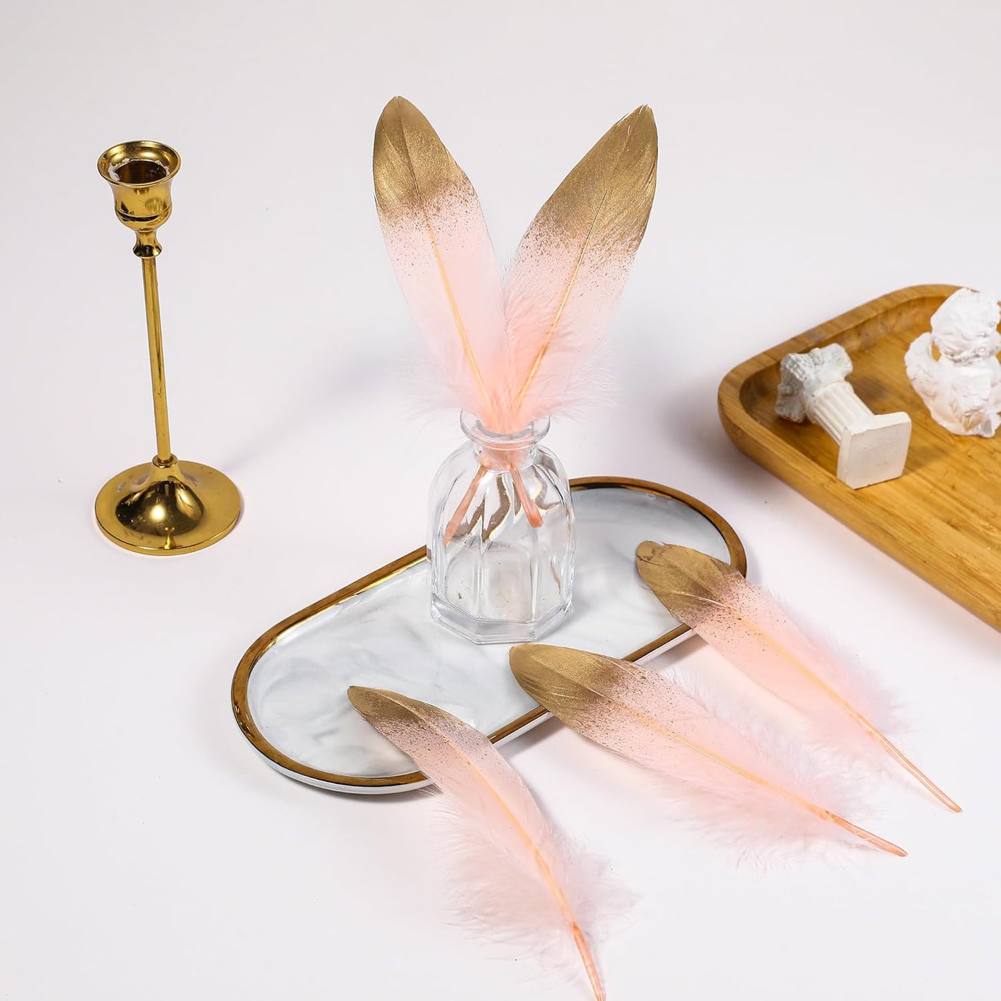 Larryhot Dipped Gold & Pink Goose Feathers for Crafts - 6-8 inch 60 pcs Natural Feathers for Wedding Party Decorations,DIY Crafts and Clothing Accessories (Gold & Pink)