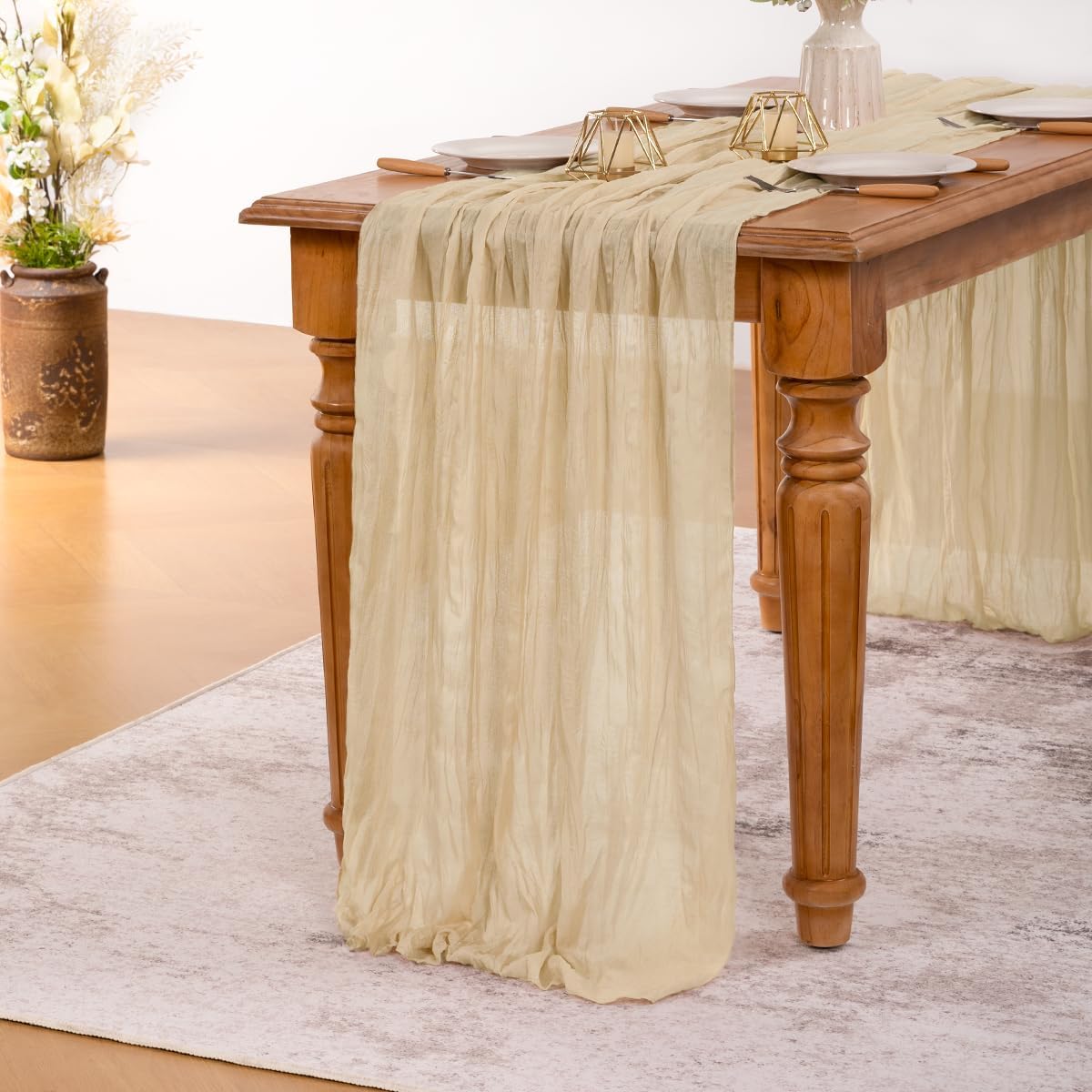 MLMW Champagne Gold Table Runner Cheesecloth Boho Gauze Rustic Cheese Cloth 160 inch Sheer Wedding Table Runner 13.3ft for Thanksgiving Party Baby Bridal Shower Birthday