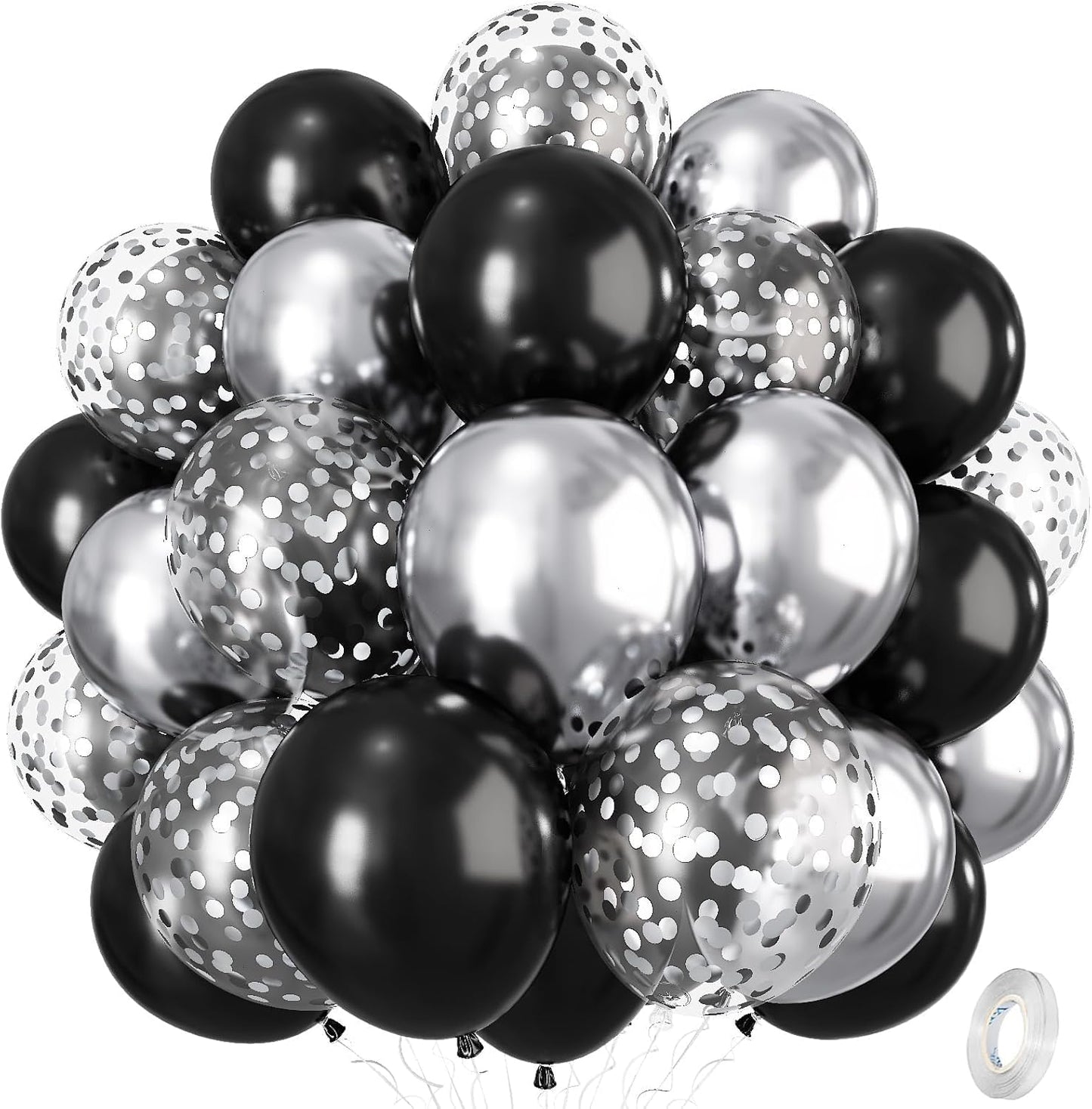Black and Silver Balloons, 12 Inch Metallic Chrome Black Silver Confetti Latex Helium Balloons for Men Boys Birthday Baby Shower Wedding Engagement Halloween New Year Bachelorette Party Decorations