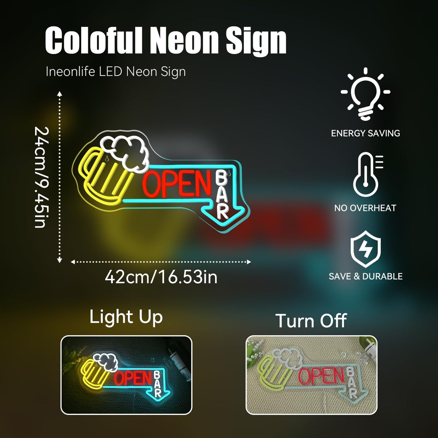 Ineonlife Bar Open Neon Sign Light Up for Wall Decor Cold Beer Led Sign for bar Small Acrylic Art Decor for restaurant business club party man cave Decorations 16.53x9.45 inch USB POWER