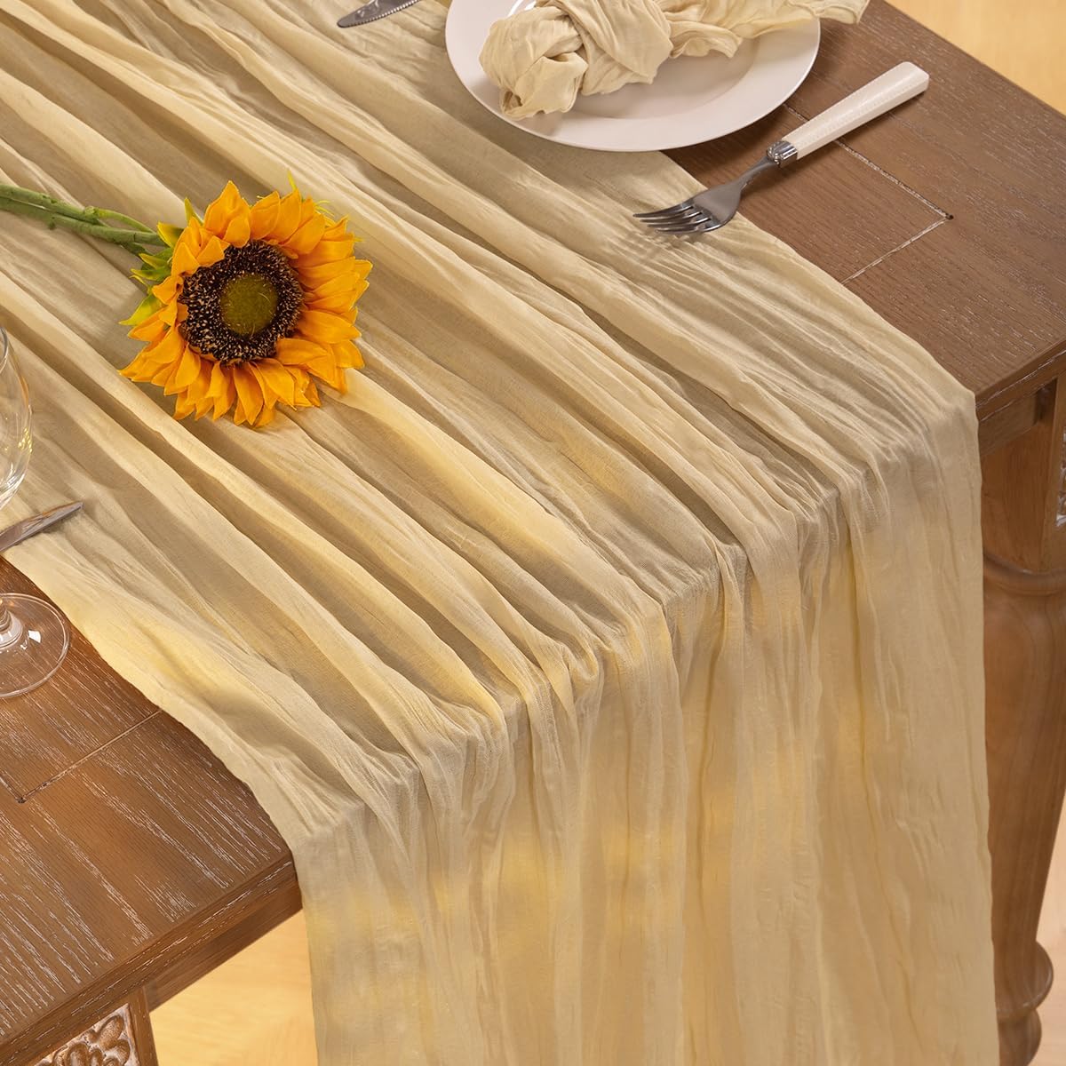 Champagne Gold Cheesecloth Table Runner 4 Pack Fall Table Runners Boho Gauze 120 Inches Champagne Cheese Cloth Fall Table Decorations for Thanksgiving Wedding Bridal Baby Shower Parties