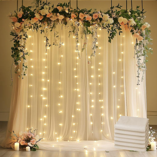 Tulle Backdrop Curtain with Lights String 30 X 10FT Champagne Sheer Tulle Backdrop Curtains for Wedding Birthday Party Reception Photo Booth Background Decorations (6 Panels 5x10FT)