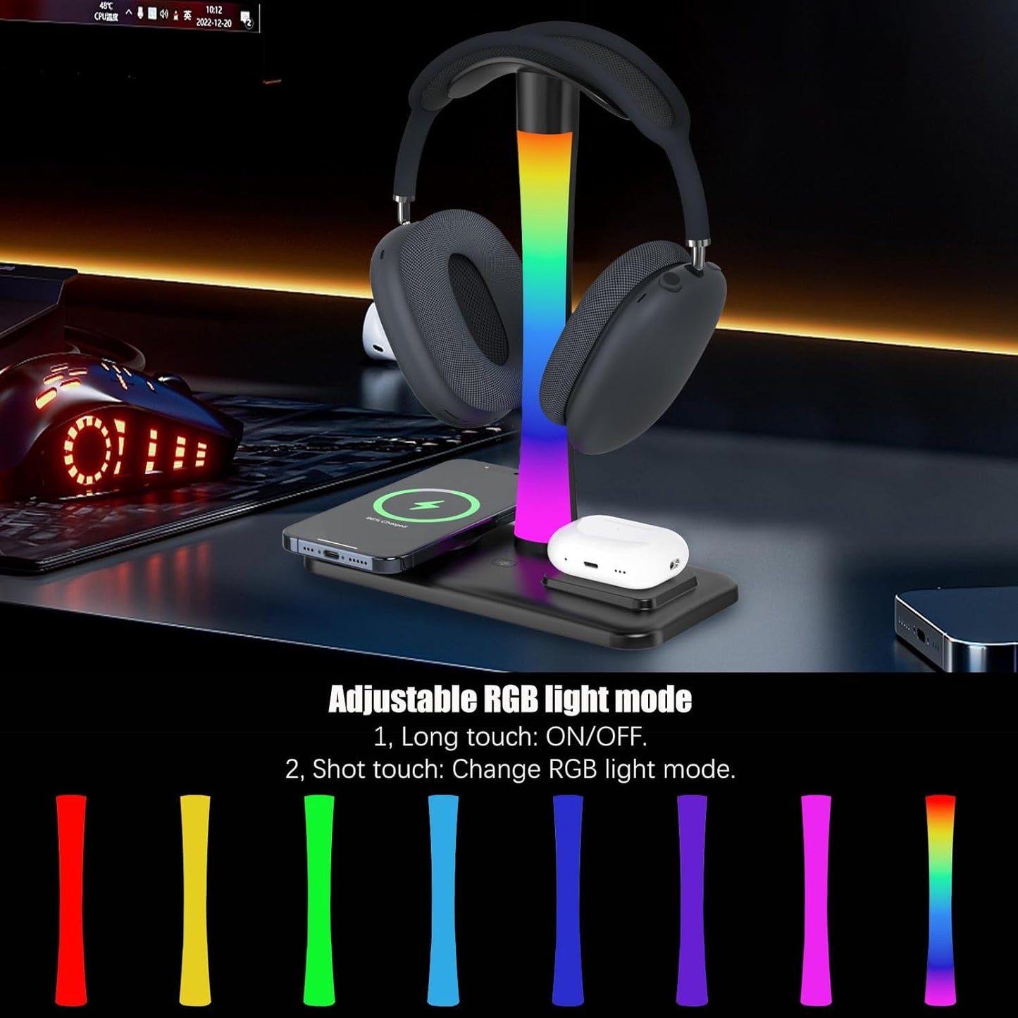Headphone Stand with Wireless Charger,Gaming HeadsetStand with RGB Light Mode,AirpodMaxStand Compatible with Airpod Pro/3/2,iPhone 16/15/14/13/12/11,Samsung,Gifts for Gamers and Music Lover