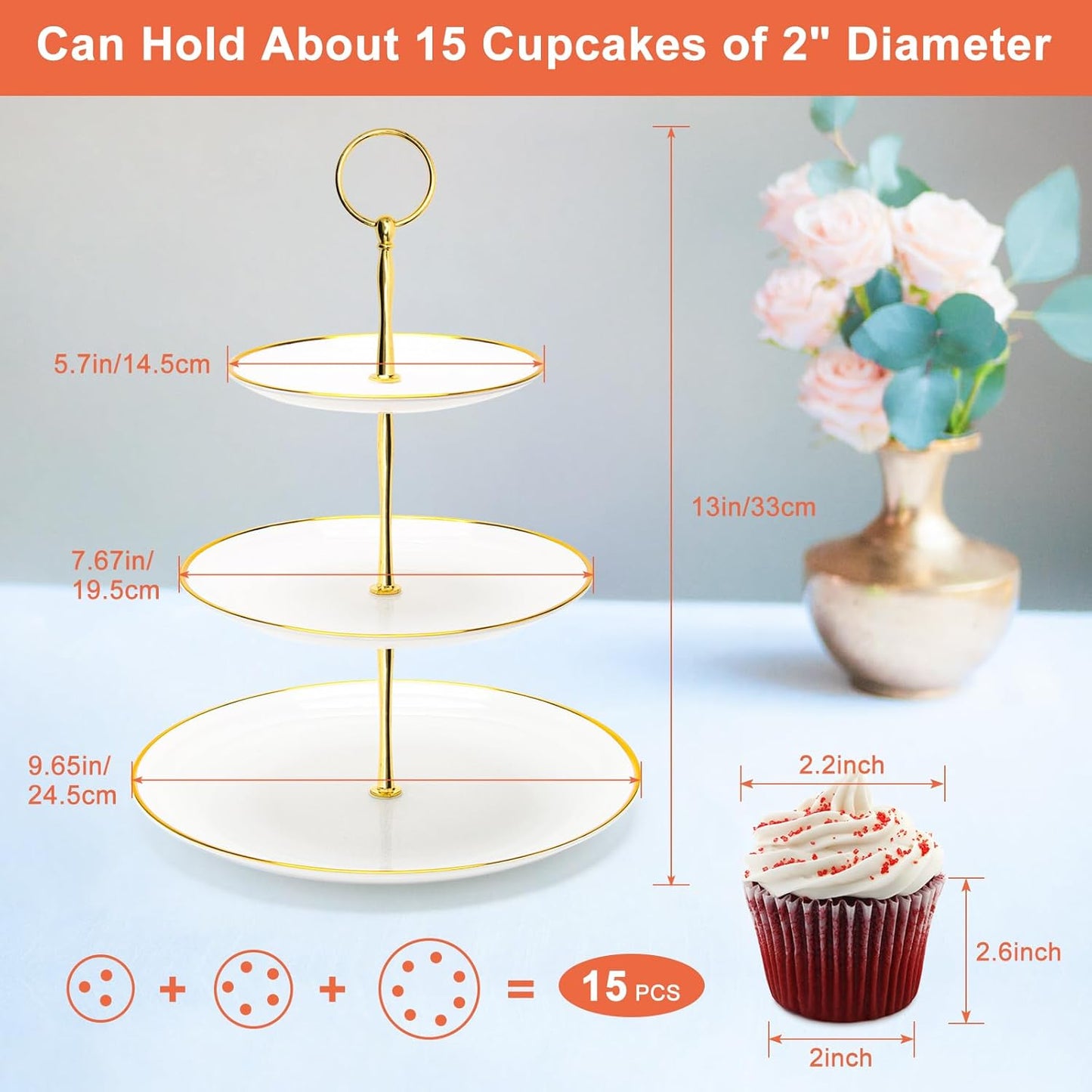 Coitak 3 Tier Cupcake Stand, Plastic Tiered Serving Stand, Dessert Tower Tray for Tea Party, Baby Shower and Wedding (Round-gold edge)
