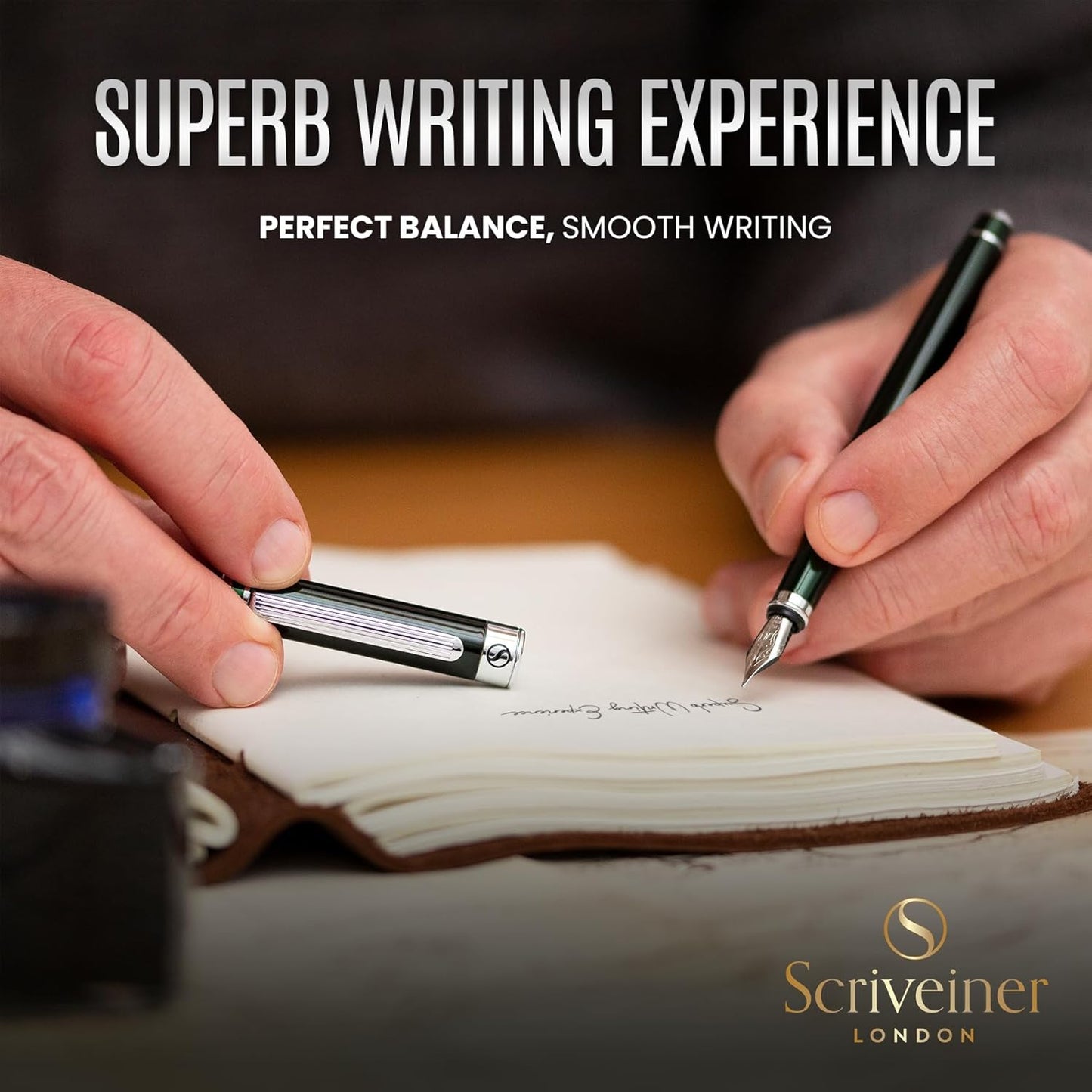 Scriveiner British Racing Green Fountain Pen - Stunning Luxury Pen with Chrome Finish, Schmidt Nib (Medium), Best Pen Gift Set for Men & Women, Professional, Executive, Office, Nice Pens