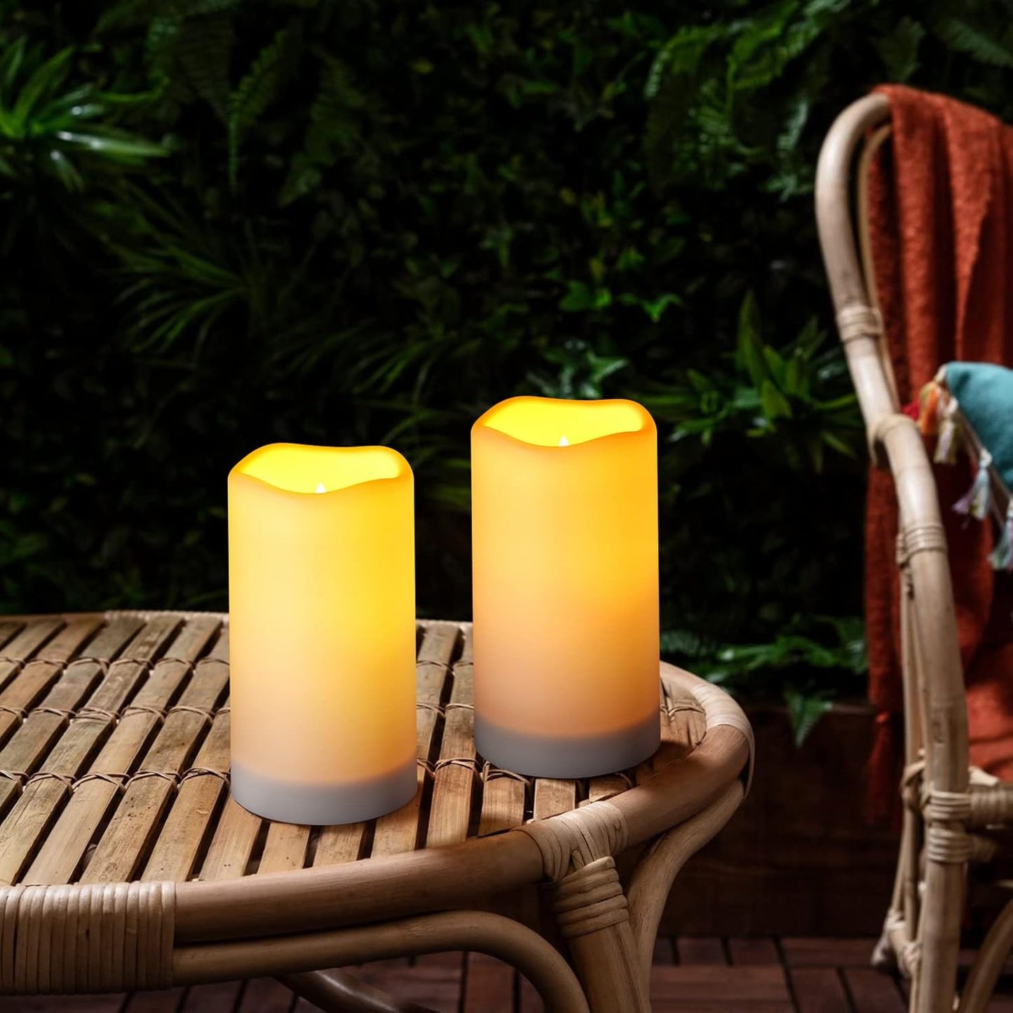 Solar flameless Candles Outdoor Waterproof,Dusk to Dawn Outdoor Lighting, Flickering fameless Reusable LED Light Candles for Lantern Garden Camping and Home Decor, 3D Wick (3"X6") Set of 2